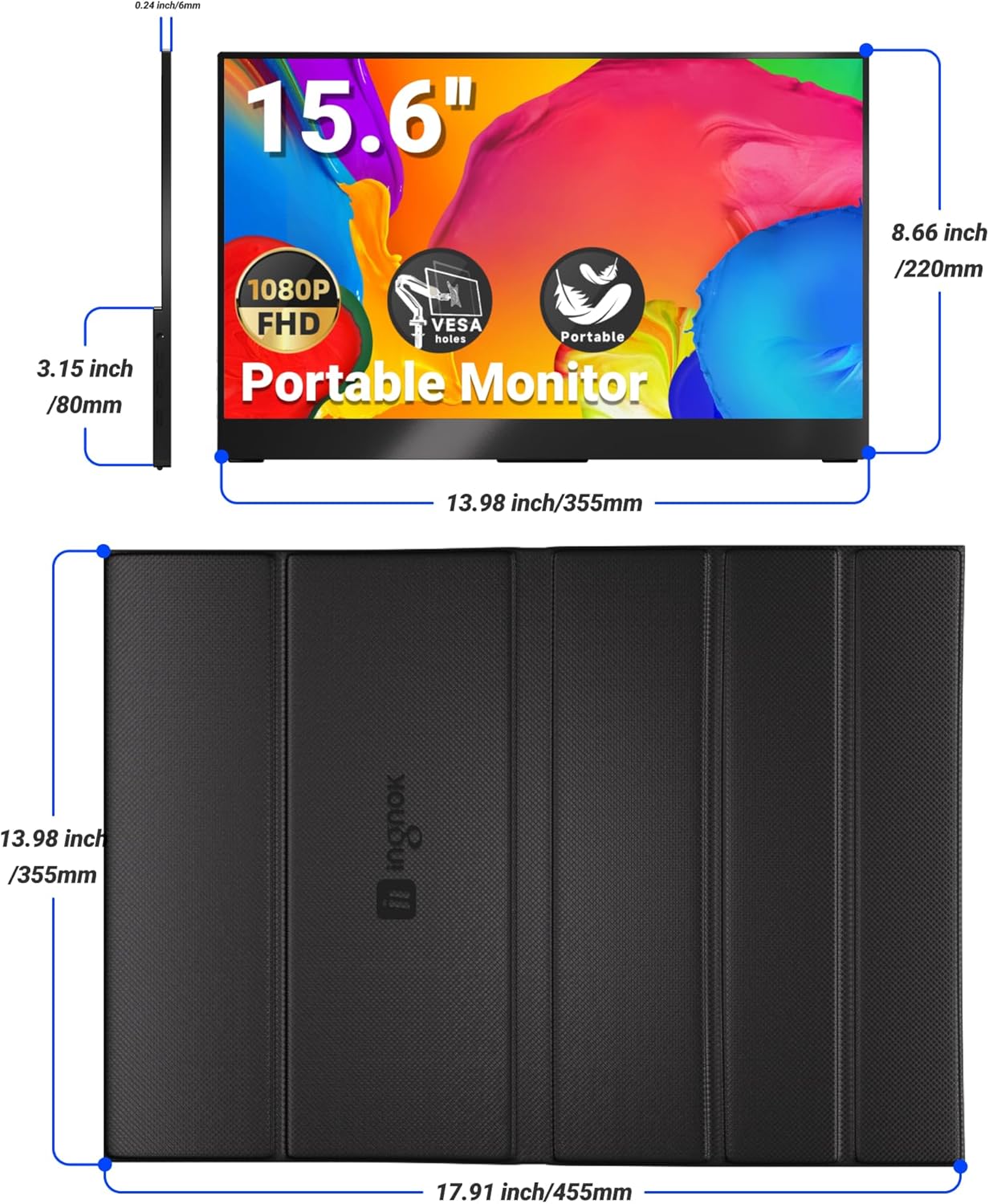 Portable Monitor, 15.6 FHD 1080P IPS External Laptop Monitor with USB C HDMI, Portable Screen for Laptop Mac PC Phone PS5 Switch,Built-in Speakers  Smart Cover