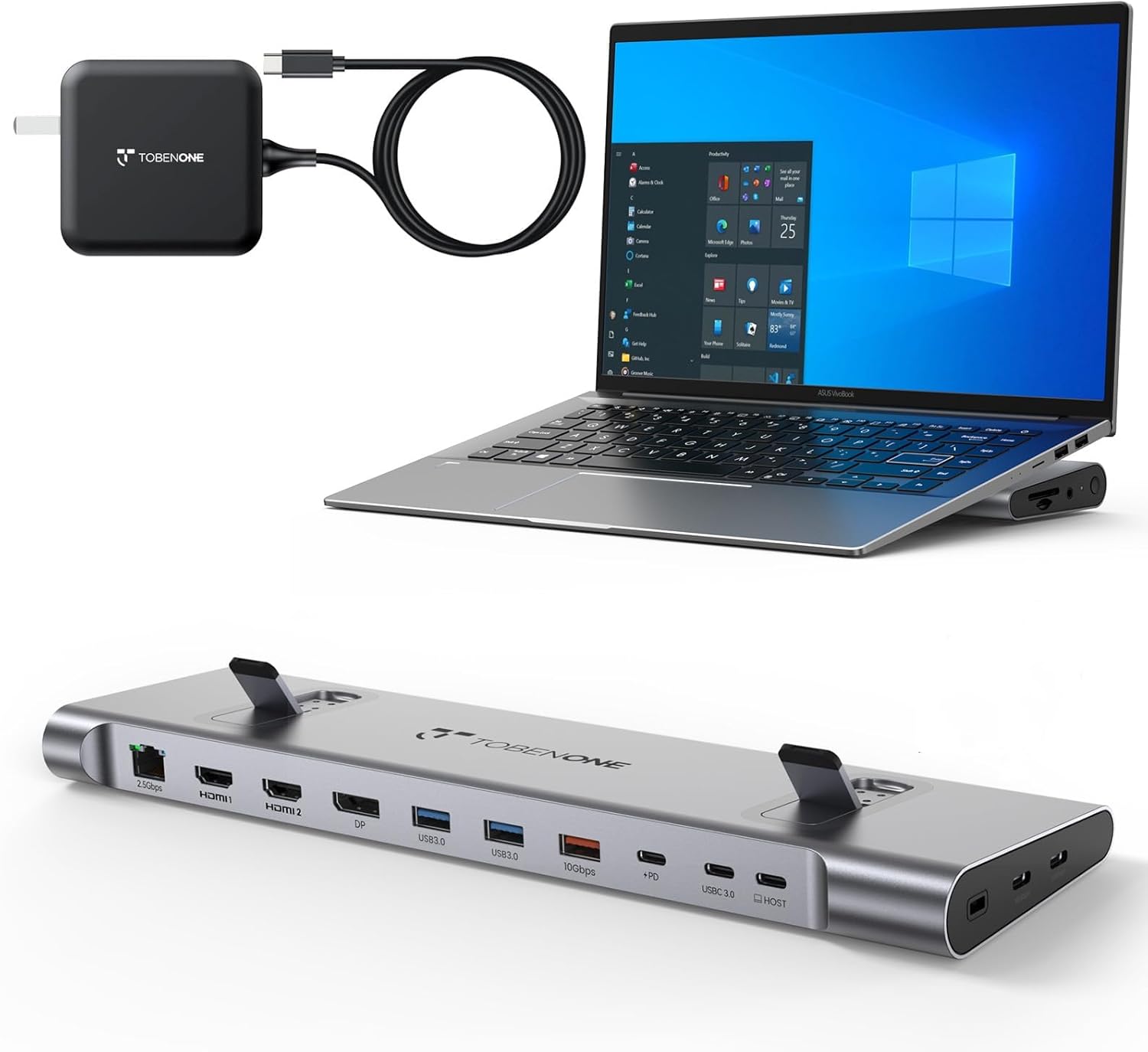 TobenONE USB-C Docking Station 3 Monitors  Dual Monitor,Laptop Dock Stand with 100W GaN III Charger, 2.5Gbps Ethernet,2 HDMI  DP (Single 4K@120Hz), 6 USB Ports for Dell/Hp/Lenovo