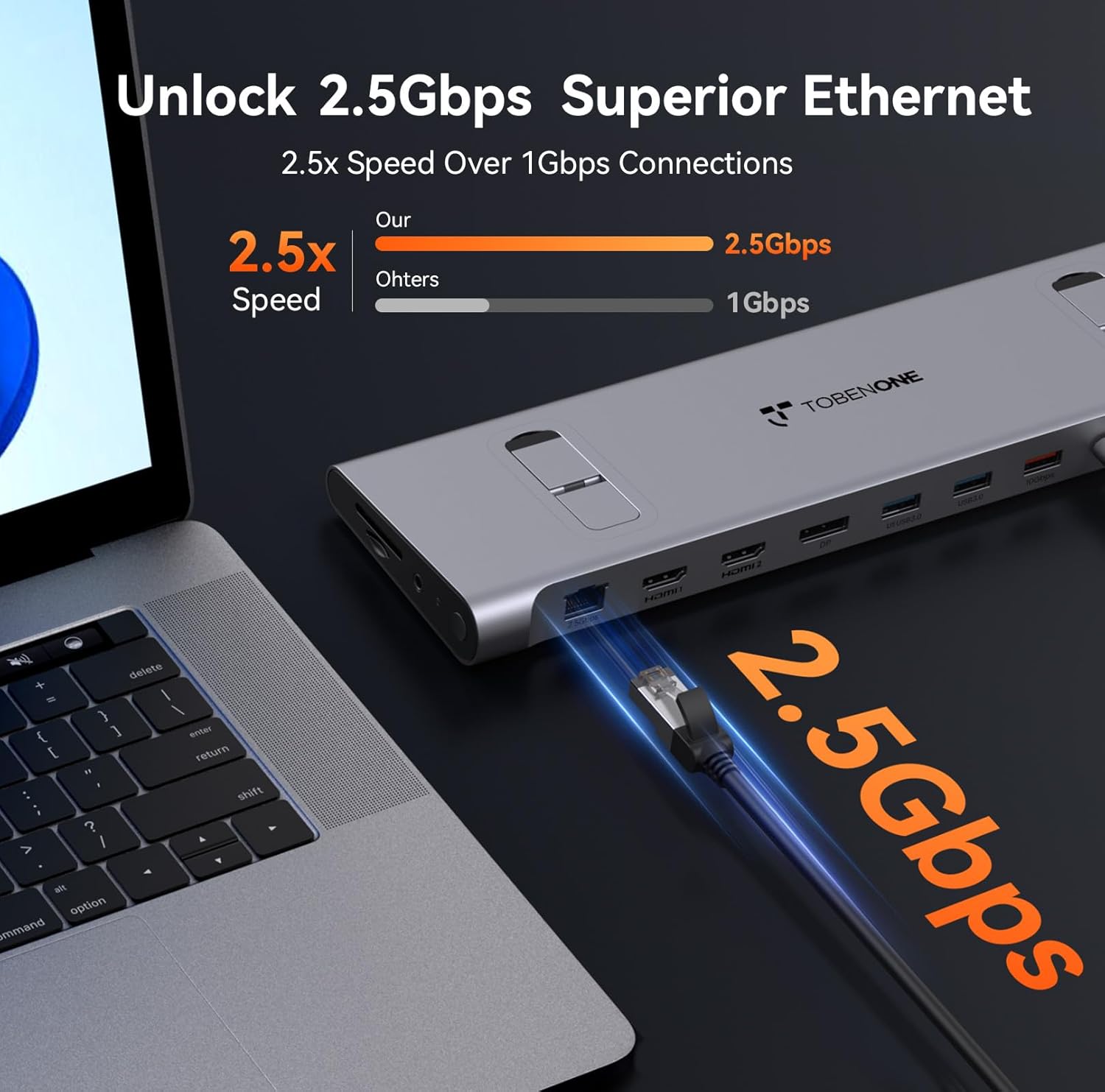 TobenONE USB-C Docking Station 3 Monitors  Dual Monitor,Laptop Dock Stand with 100W GaN III Charger, 2.5Gbps Ethernet,2 HDMI  DP (Single 4K@120Hz), 6 USB Ports for Dell/Hp/Lenovo