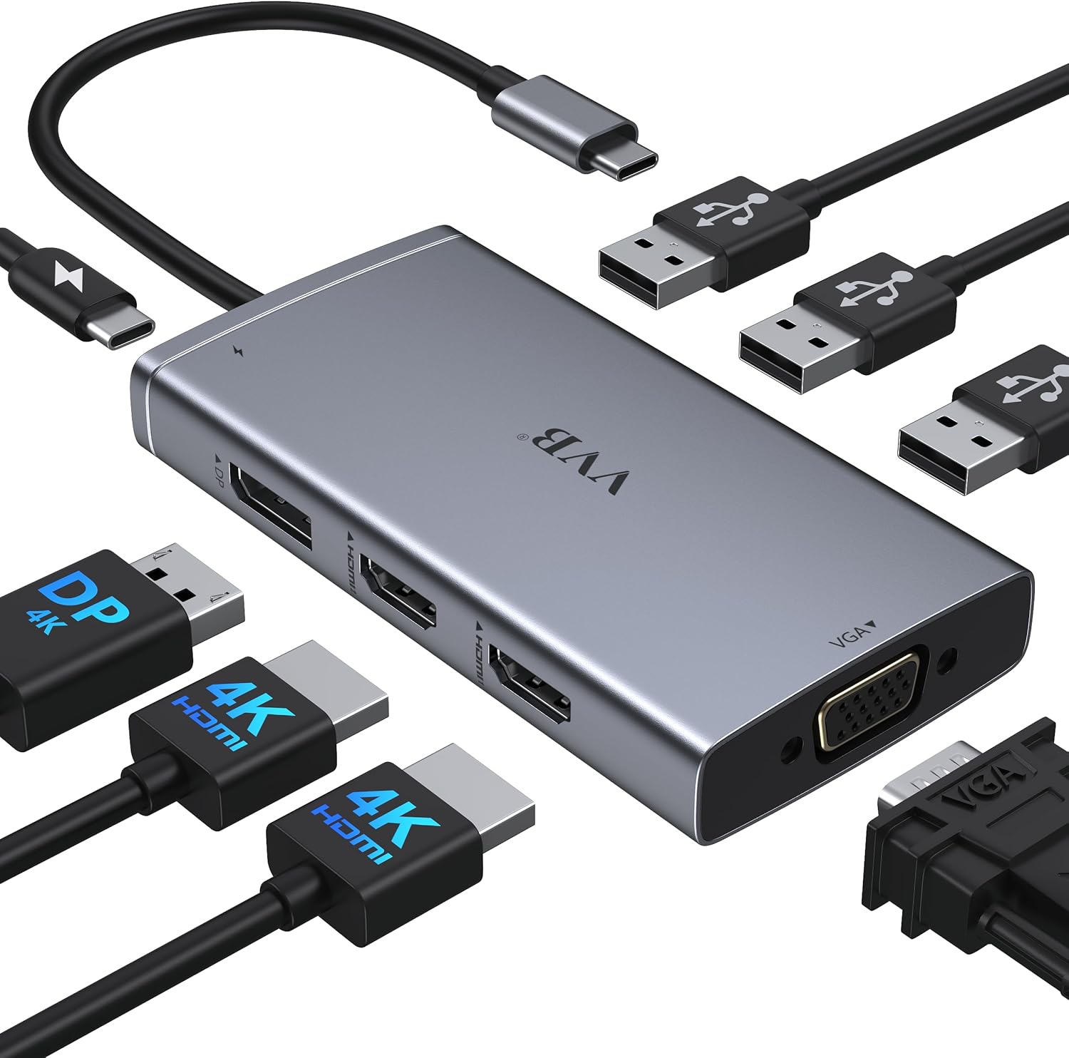 USB C Laptop Docking Station Dual Monitor Adapter for Dell HP, 8 in 1 Docking Station 3 Monitors Hub with 2 HDMI*4K, Displayport, VGA, 3USB 2.0,100W PD, Thunderbolt 4 USB C Dock for Lenovo,Surface