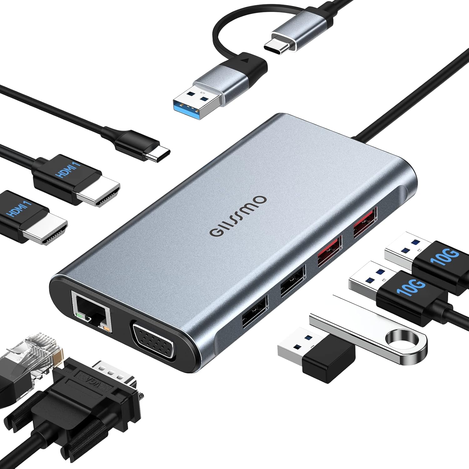 USB Docking Station Dual Monitor, GIISSMO 9-in-1 USB A 3.0 / USB C Docking Station Triple Monitor with 2 HDMI,VGA, 10Gbps USB 3.1, Gigabit Ethernet, Triple Display for Mac  MacBook  Windows Laptop