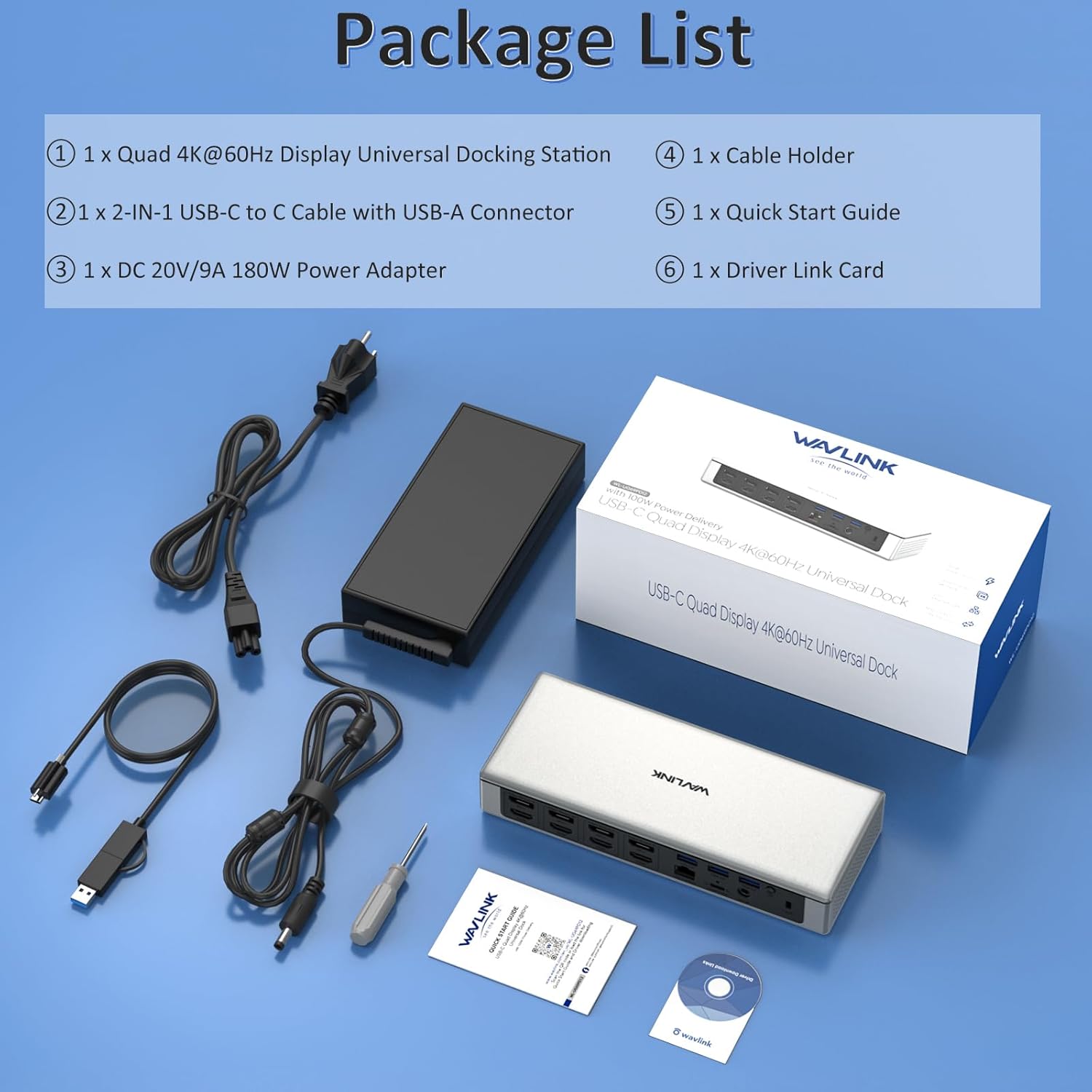 WAVLINK Displaylink Docking Station 4 Monitors (5K/4K@60Hz), Quad Displays for M1/M2/M3 Mac, Windows with PD 100W, 4X HDMI, 4X DP, 2.5G Ethernet, USB-A/USB-C, SD/TF 4.0, Audio.