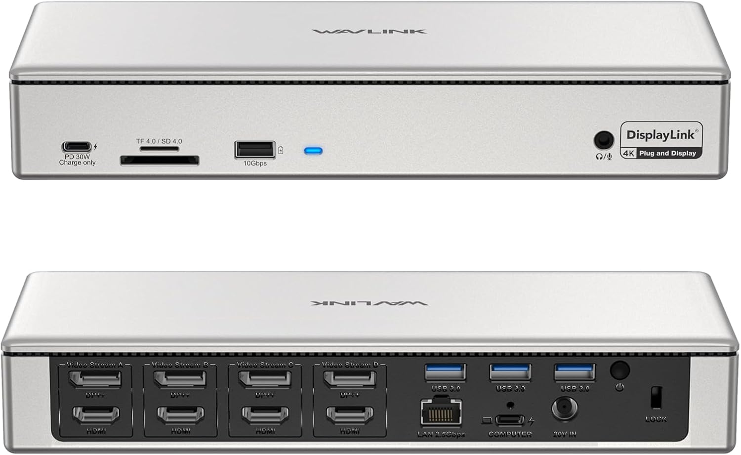 WAVLINK Displaylink Docking Station 4 Monitors (5K/4K@60Hz), Quad Displays for M1/M2/M3 Mac, Windows with PD 100W, 4X HDMI, 4X DP, 2.5G Ethernet, USB-A/USB-C, SD/TF 4.0, Audio.