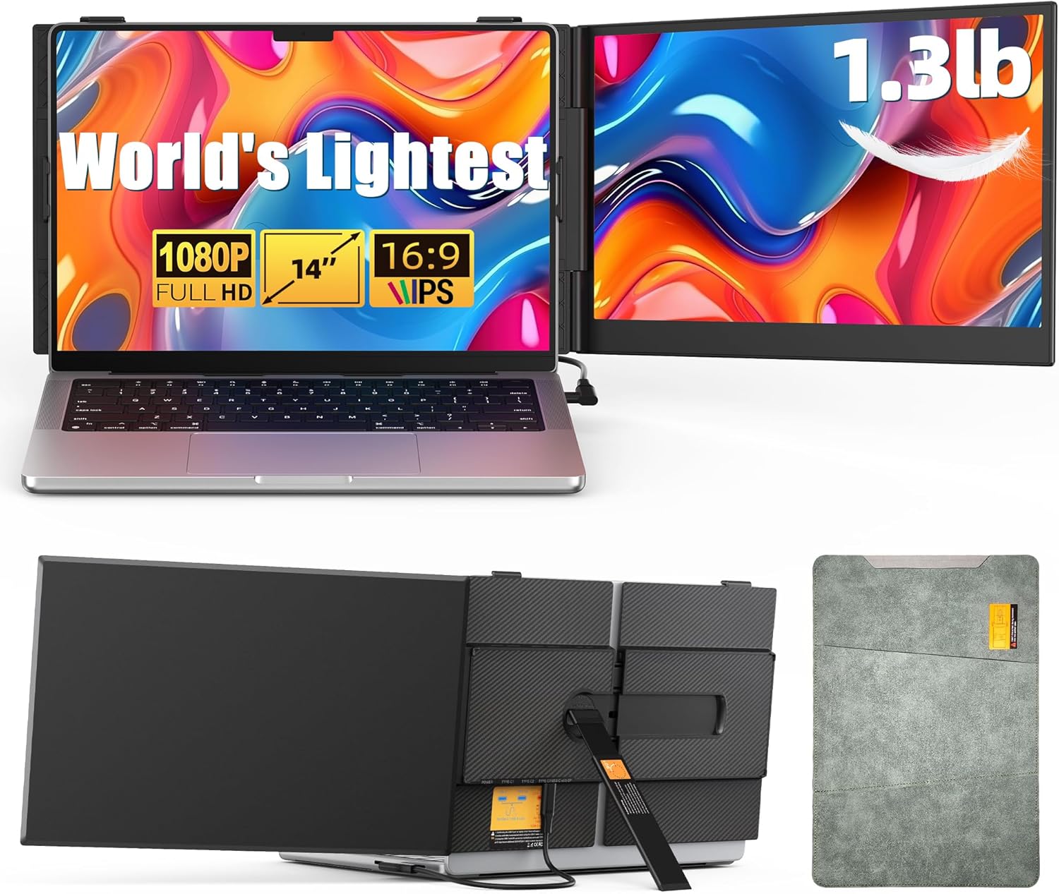 14 Dual Laptop Screen Extender with 1.3lbs - Ultra Thin Portable Monitor for Laptop Plug  Play, FHD 1080P Laptop Extended Monitor for 13-17 Laptops, USB-C/HDMI Travel Display for Mac/Win