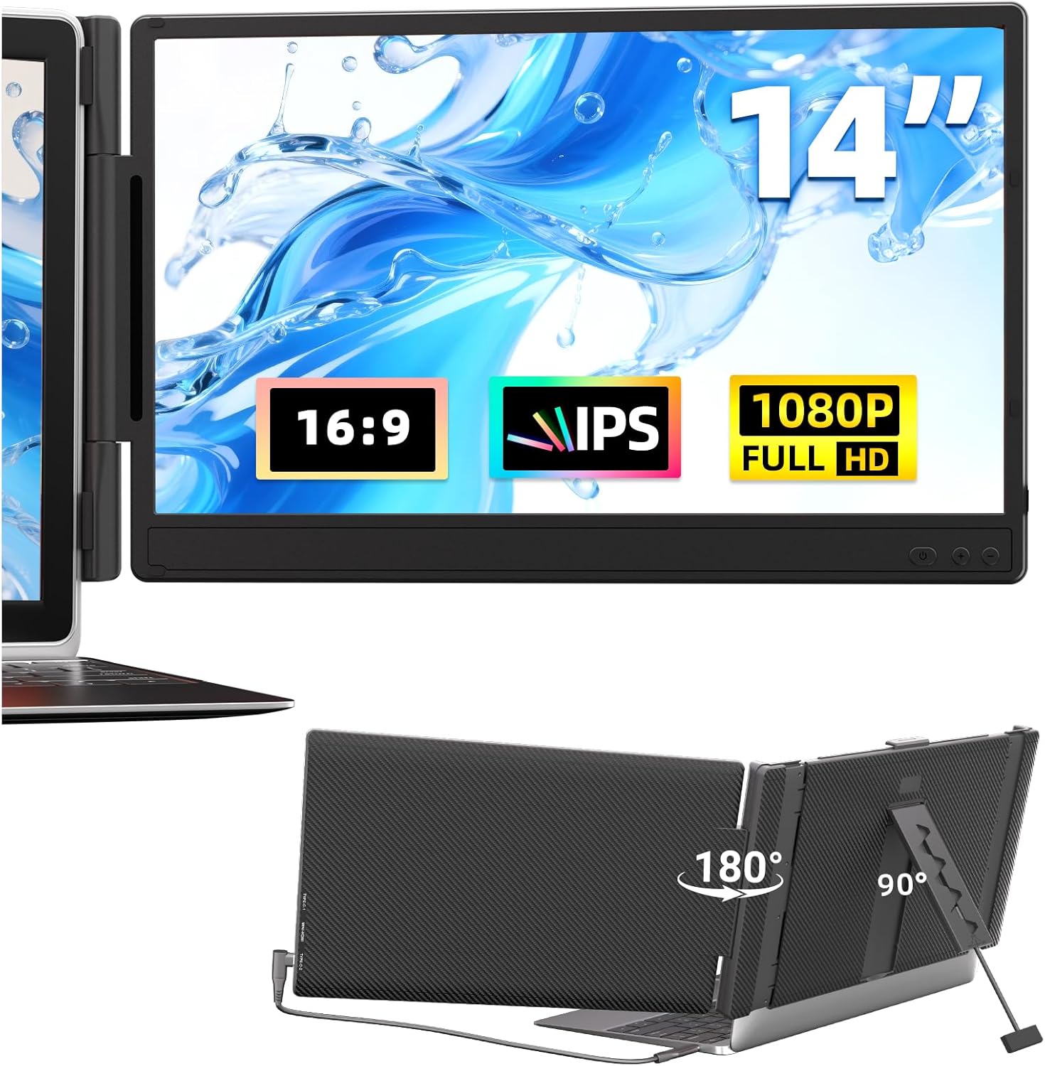 14 Laptop Screen Extender – 1080P FHD Upgraded Portable Monitor Extension for Laptop 13-17.3(Maximum Length:15.9) Plug  Play Type-C/USB-A/HDMI for Wins Mac Linux Chrome