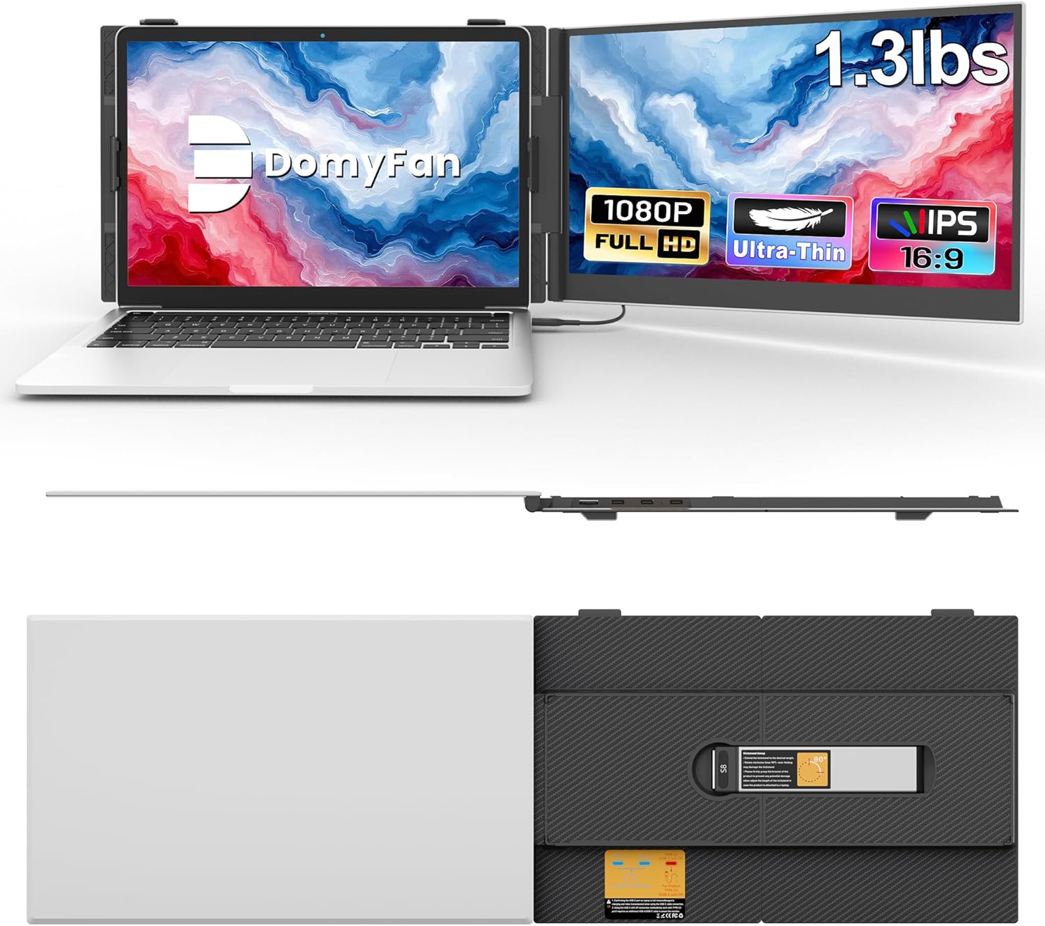 14 Laptop Screen Extender, Ultra-Thin Portable Dual Laptop Monitor Extender with FHD 1080P IPS Display, Plug  Play via HDMI/USB-A/Type-C for 13-17 Laptops, Works with Windows/Mac/Android