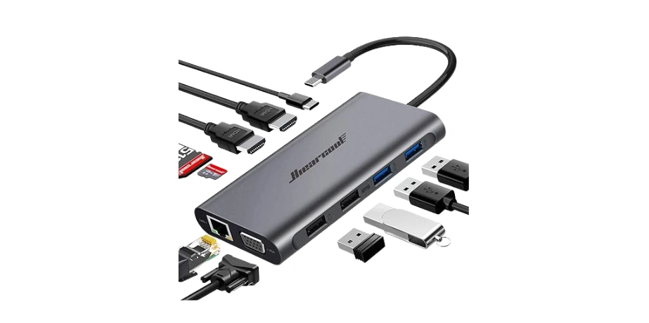 Hiearcool USB C Hub, USB-C Laptop Docking Station, 11IN1 Triple Display Type C Adapter Compatible for Dell Hp Lenovo Windows