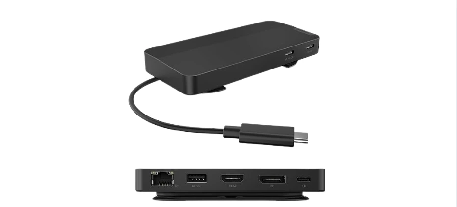 Lenovo USB-C Dual Display Travel Dock - 7 Ports, Integrated USB-C Cable, Universal Compatibility, Dual Displays at 4K - Black