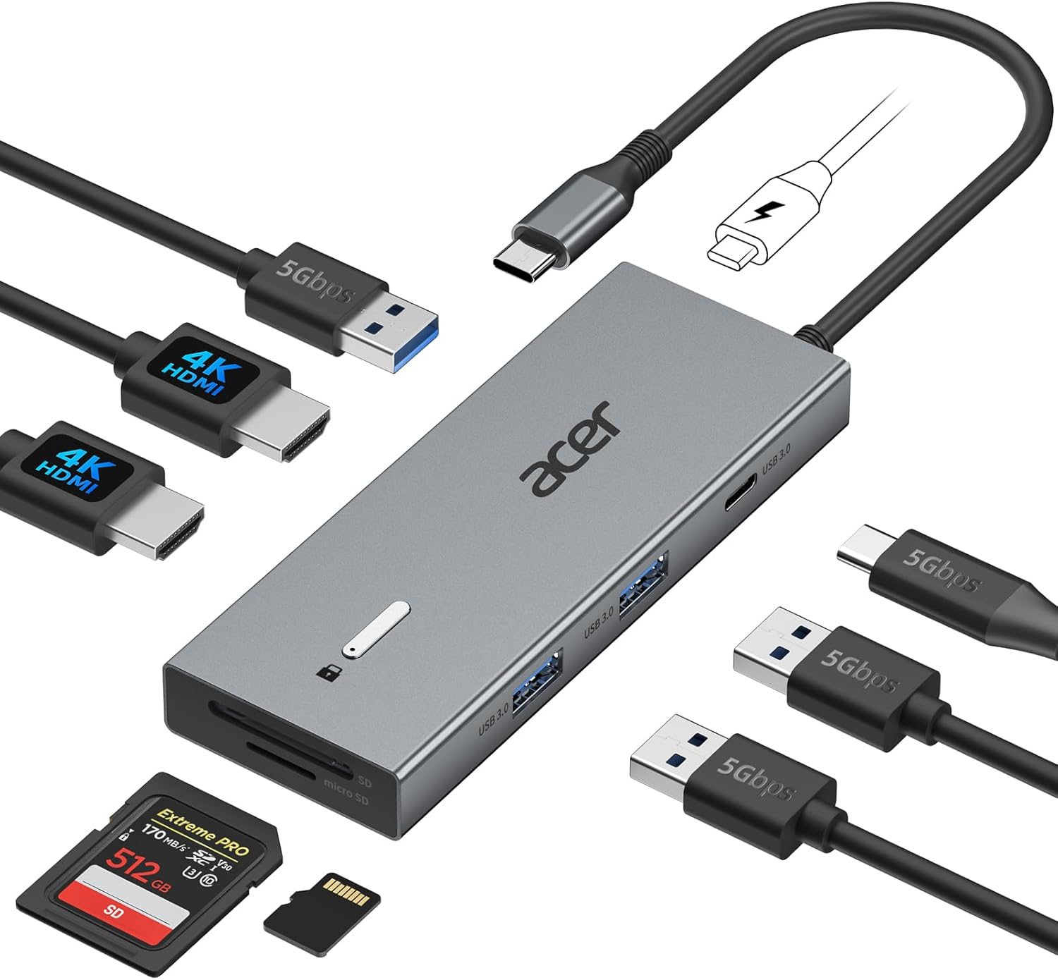 Acer USB C Docking Station Dual HDMI Monitor, Laptop Multiport Adapter with 4K HDMI, USB AC 3.0 Ports, SD/Micro SD, 100W PD Charging, USBC Dock Compatible with Mac/Acer/Dell XPS/HP/Surface etc