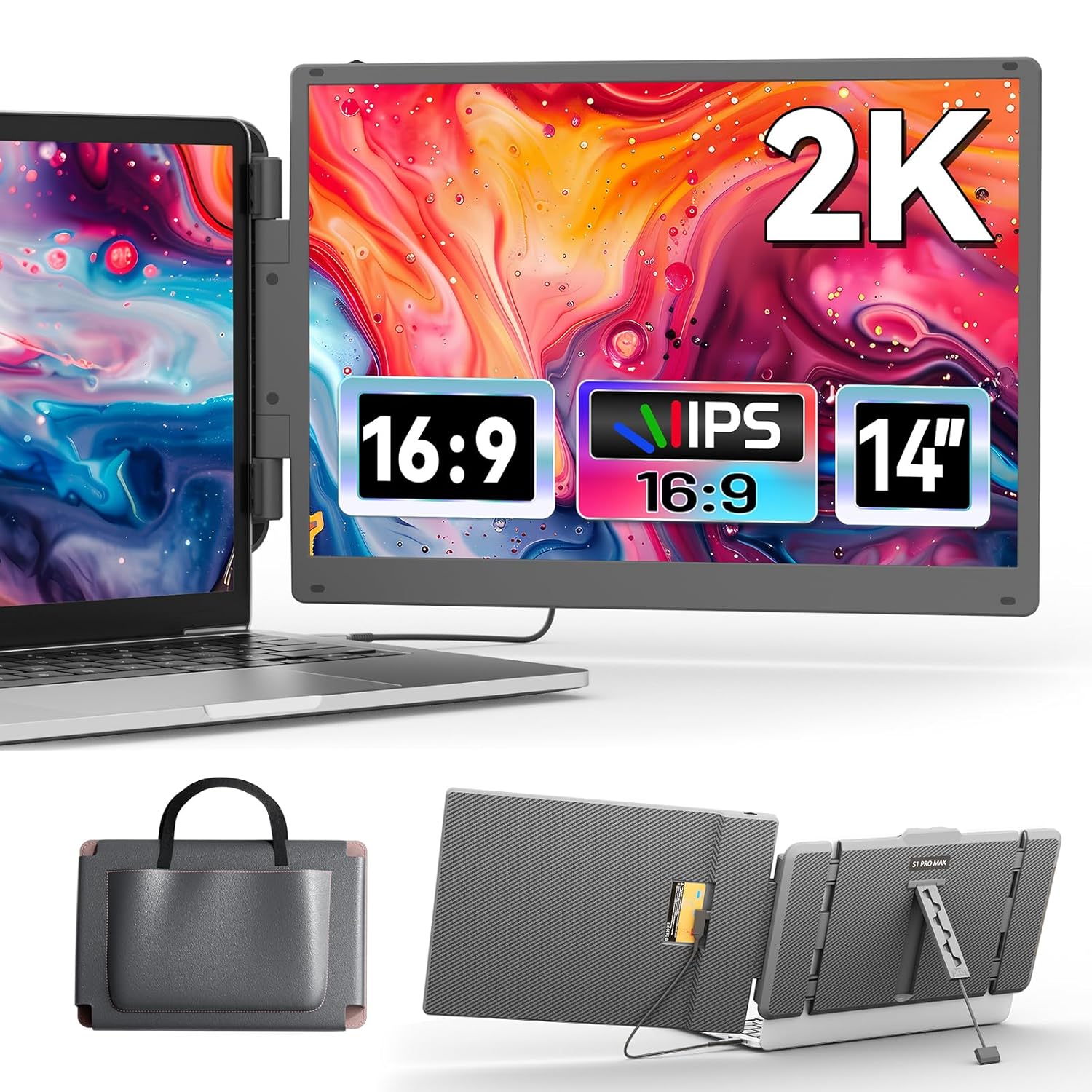 Cenerius 2K Ultra-Clear Laptop Screen Extender, 14 IPS Quad High Definition, 2160 x 1440 Dual Laptop Monitor Extender Portable Monitor with HDMI/USB-A/Type-C Plug-Play Fits 13-17 Laptops(Mac/Win)