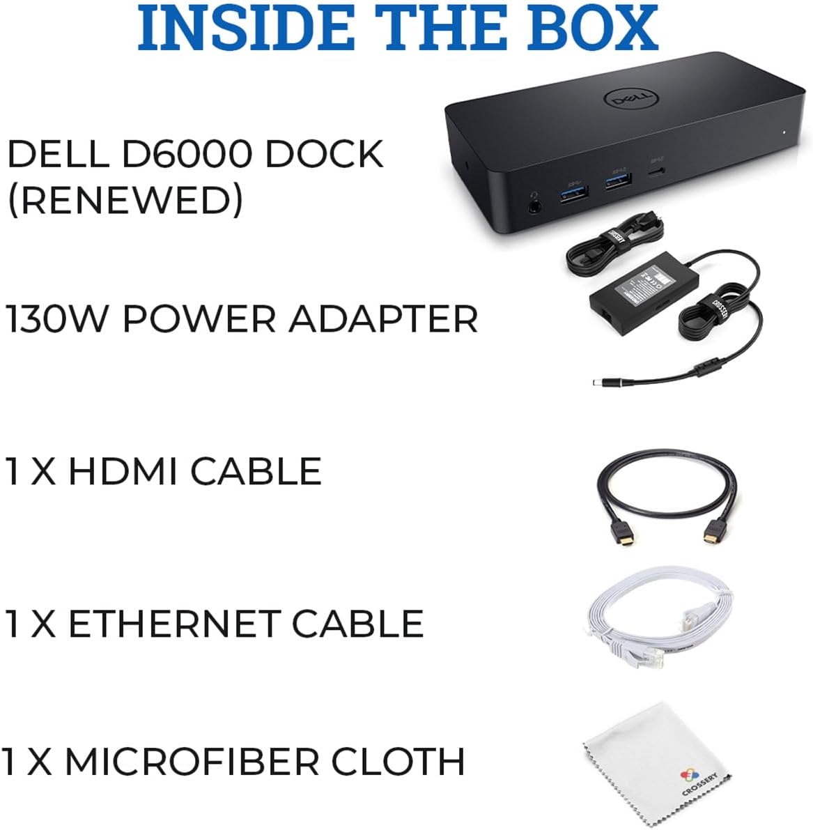 Dell D6000 Docking Station Bundle - Includes Universal Dell Dock, HDMI Cable, 130W Power Adapter, Ethernet Cable  Microfiber Cloth, Compatible with USB-C and Dual Monitors (Renewed)
