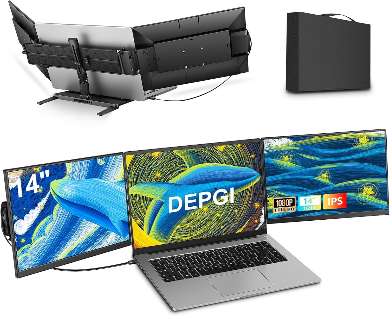 DEPGI 14 Laptop Screen Extender, 1200P FHD One Cable Connect Portable Triple Monitor for Laptop, Dual Screen Monitor Fits 13-17.3 Laptop with Stand for MacOS/Windows