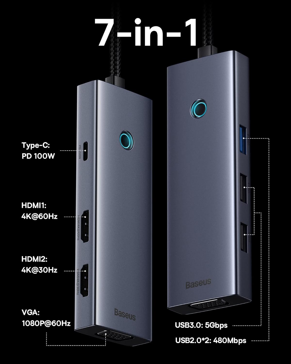 Docking Station Dual Monitor, Baseus 7 in 1 Laptop Docking Station 3 Monitors, USB C HUB with 4K HDMI, VGA, 100W PD, 3 USB for iPhone 15/MacBook/Dell/HP