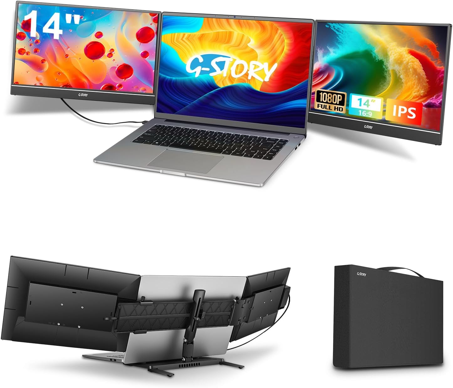 G-STORY Triple Laptop Screen Extender, 14 FHD 1080P Portable Laptop Extended Monitor, One Cable Connect Dual Screen Monitor Compatible with Mac/Windows Fits 13-17.3 Laptops
