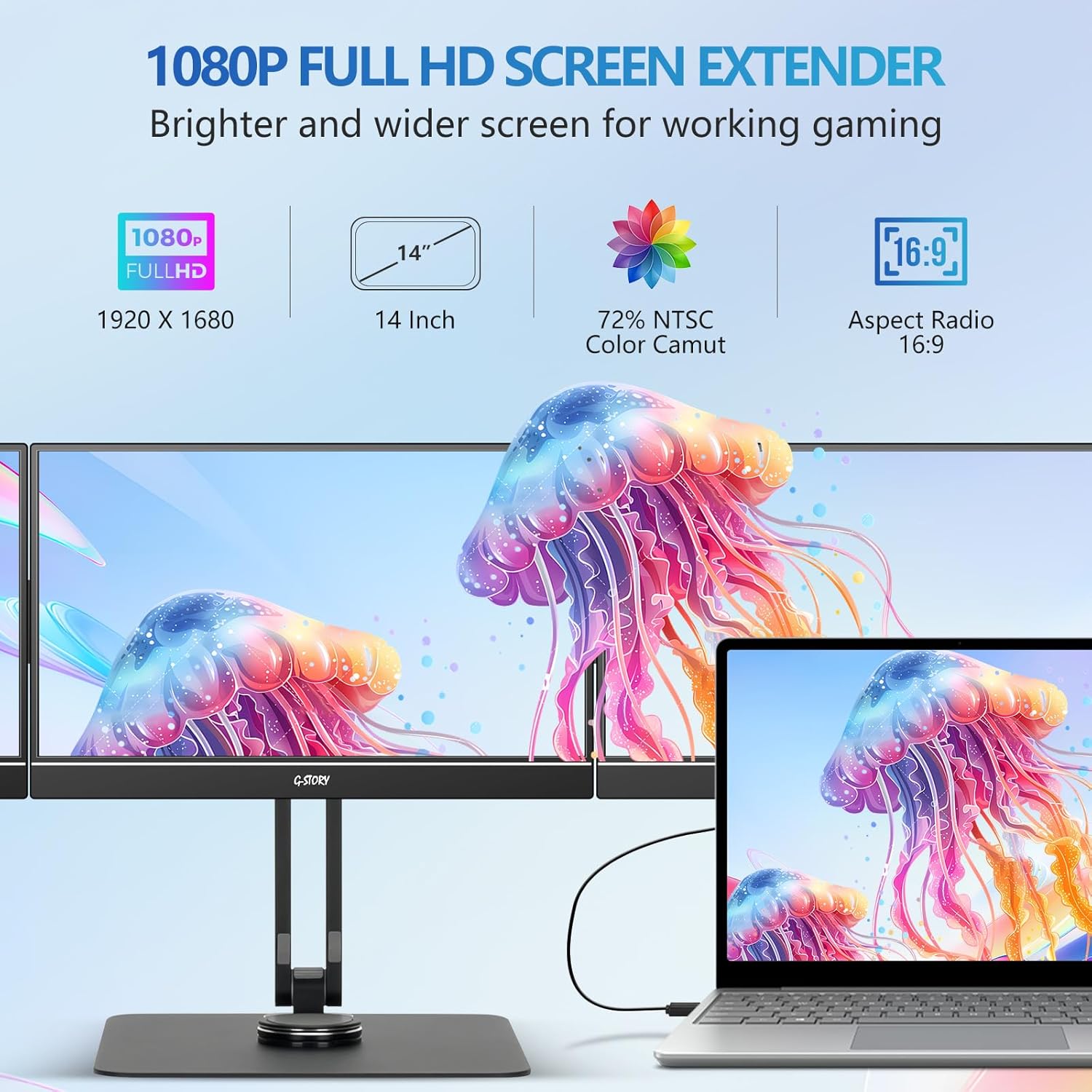 G-STORY Triple Laptop Screen Extender 14 Inch, 1080P Full HD 3 Monitor Quad Screen Extender for Laptops Compatible with Windows/Mac (Driver Required) One Type-C Cable for Three Displays