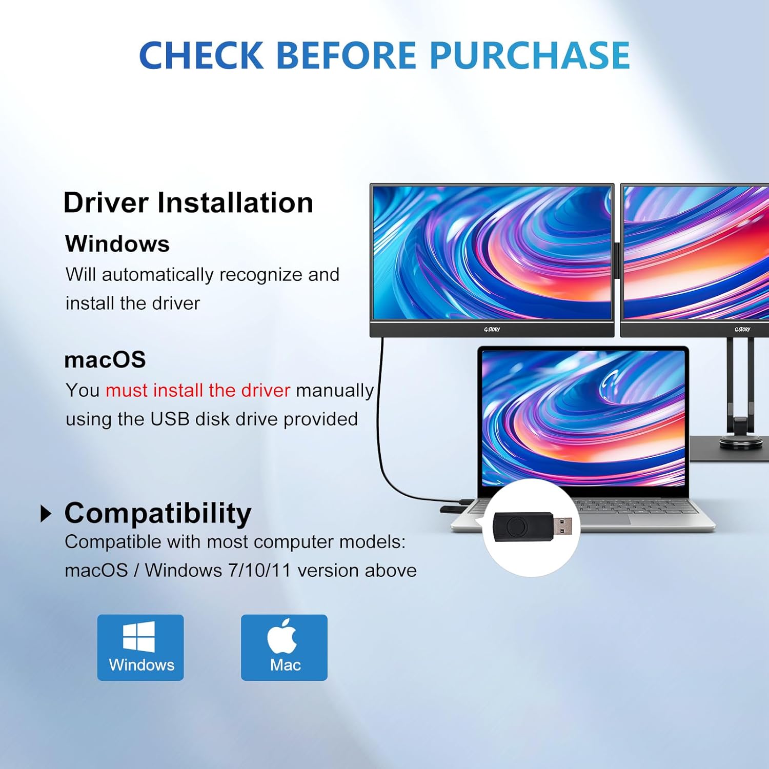 G-STORY Triple Laptop Screen Extender 14 Inch, 1080P Full HD 3 Monitor Quad Screen Extender for Laptops Compatible with Windows/Mac (Driver Required) One Type-C Cable for Three Displays