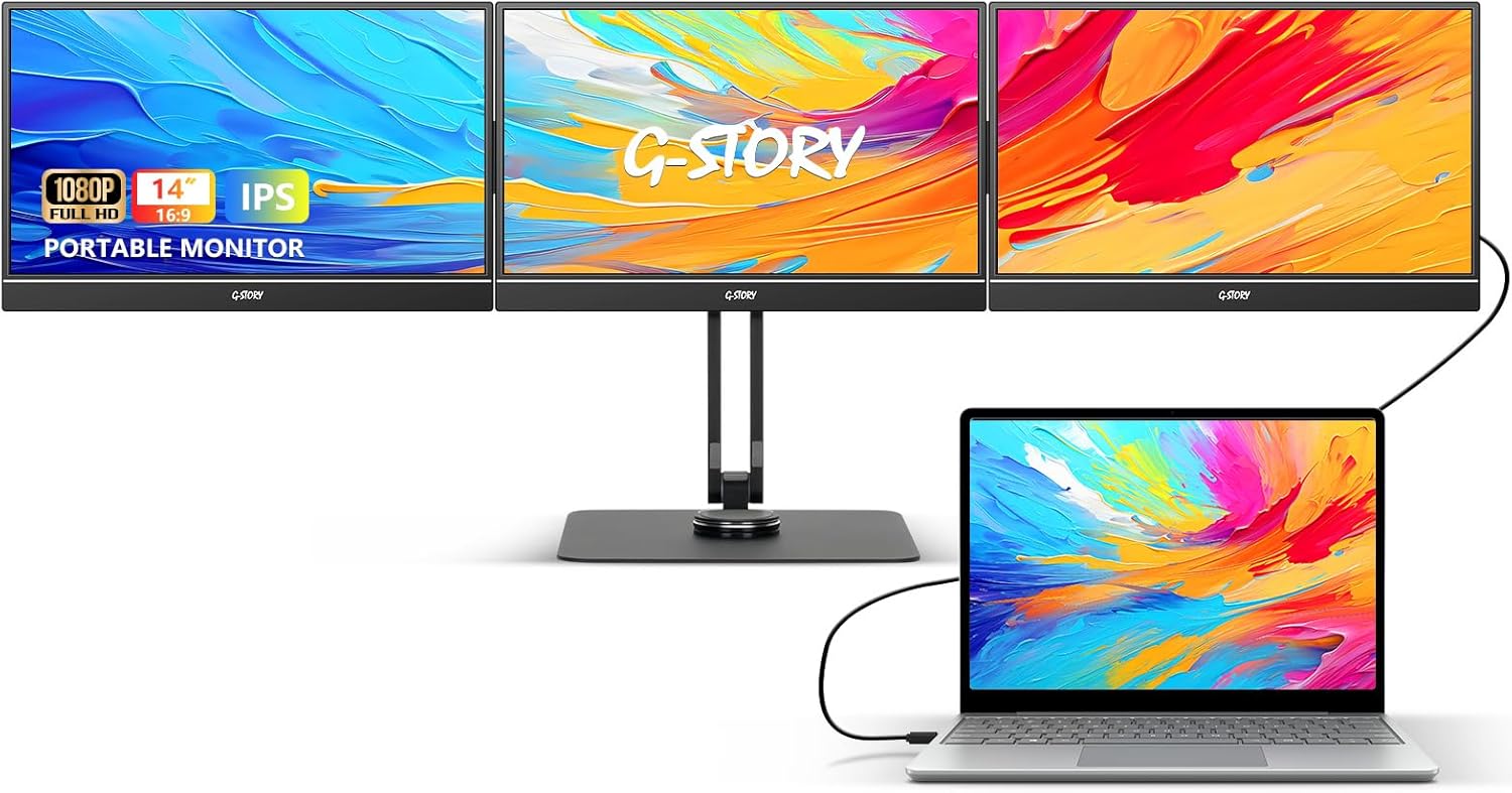 G-STORY Triple Laptop Screen Extender 14 Inch, 1080P Full HD 3 Monitor Quad Screen Extender for Laptops Compatible with Windows/Mac (Driver Required) One Type-C Cable for Three Displays