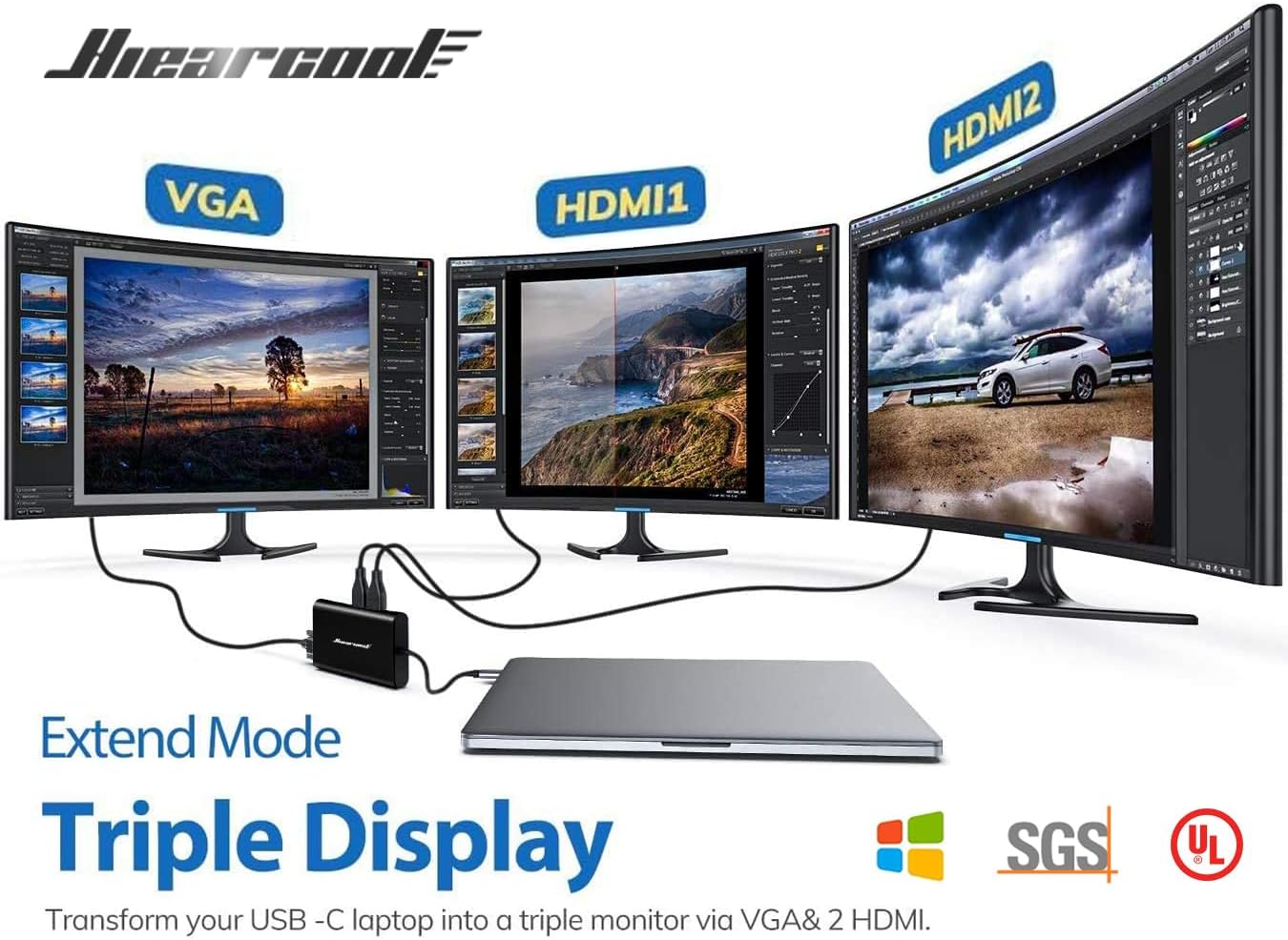 Hiearcool USB C Hub, USB-C Laptop Docking Station, 11IN1 Triple Display Type C Adapter Compatible for Dell Hp Lenovo Windows (2HDMI VGA PD3.0 SD TF Card Reader Gigabit Ethernet 4USB Ports)
