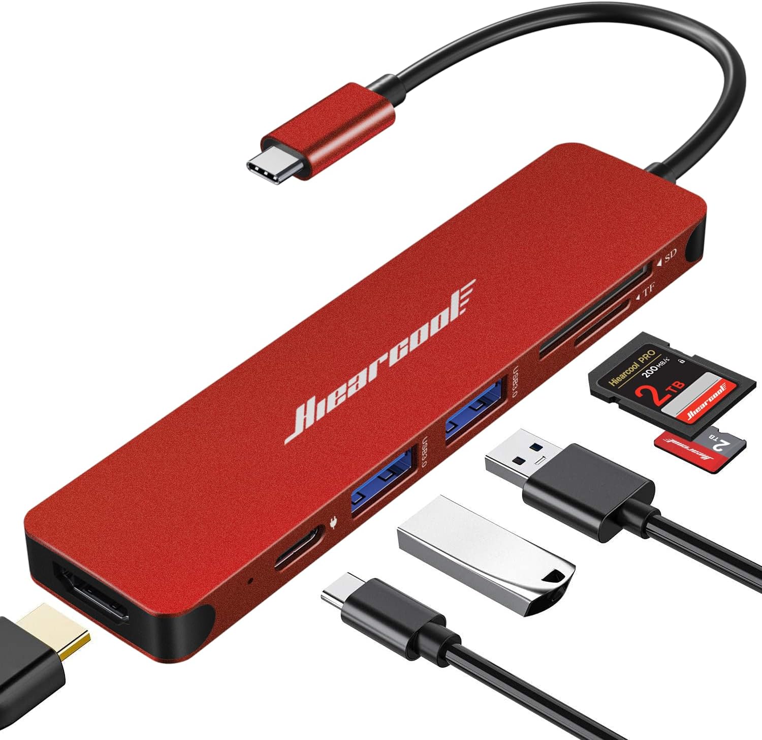 Hiearcool USB C Hub, USB-C Multi-Port Adapter for MacBook Pro, 7IN1 USBC to HDMI Hub Dongle Compatible for Laptops and Other Type C Devices (4K HDMI USB3.0 SD/TF Card Reader 100W PD)