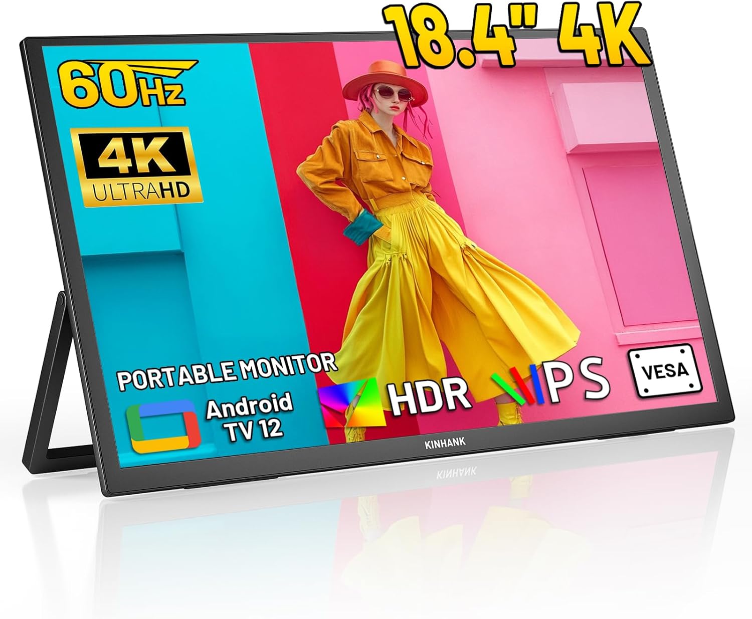 Kinhank 18.4” 4K Portable Monitor,UHD (3840 * 2160) 60Hz HDR IPS Second Screen Android TV 12.0 USB-C HDMI Travel Monitor for Laptop,PC,MacBook,Phones,Tablet,PS5/4,Xbox,Switch,VESA180°Adjustable Stand