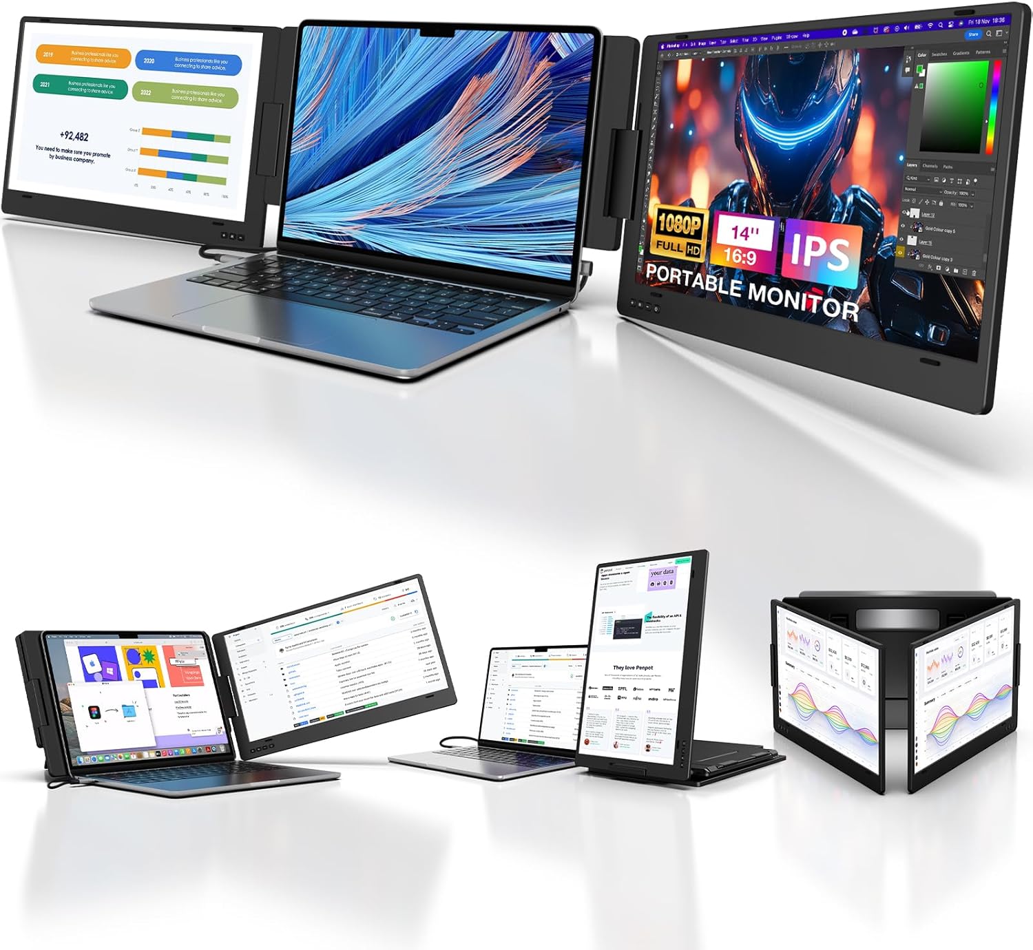 KYY 14 Portable Triple Monitor - Laptop Screen Extender with Full HD IPS Display, Compatible with Mac, Windows, Chrome, Fits 12-16 Inch Laptops