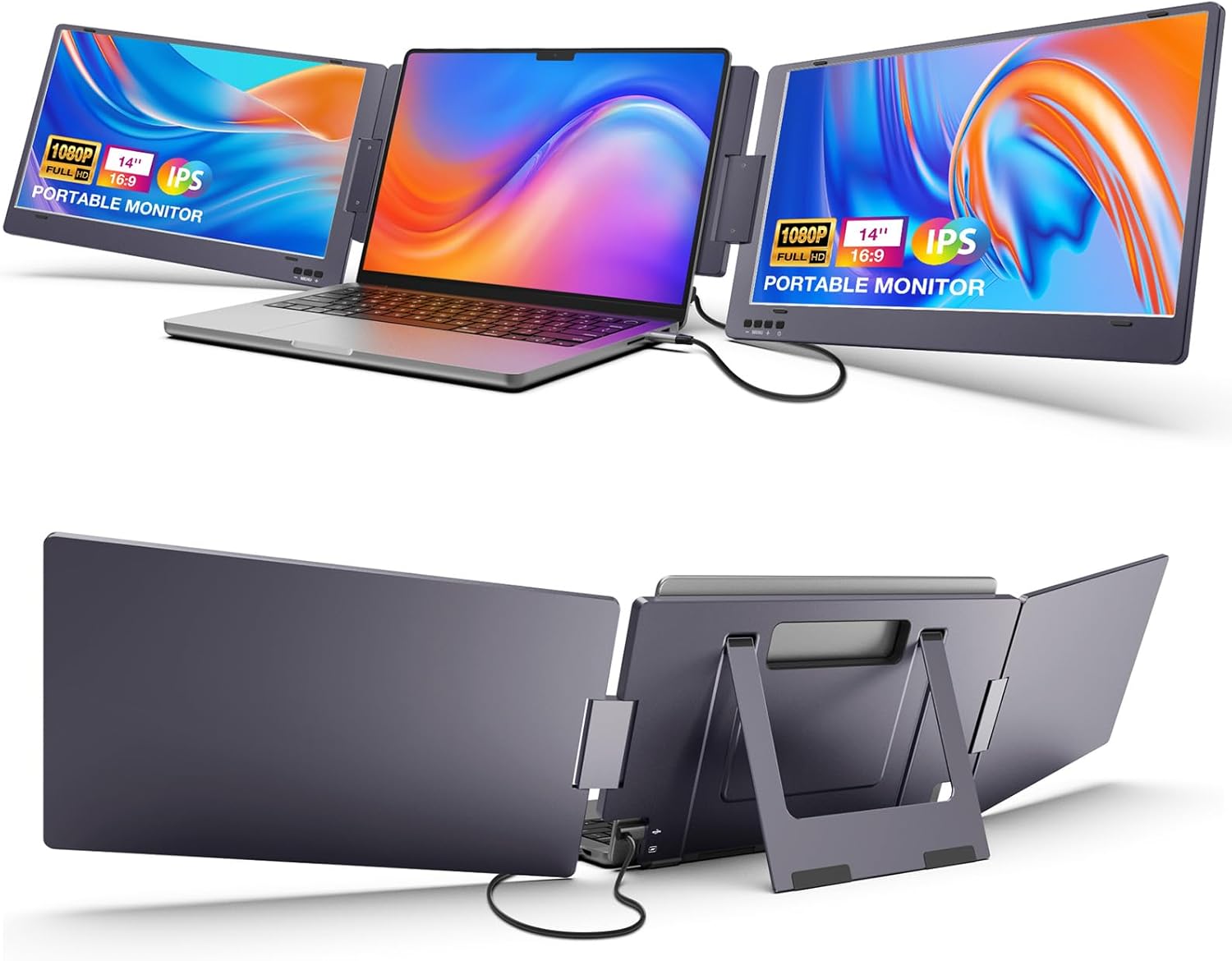 KYY 14 Portable Triple Monitor - Laptop Screen Extender with Full HD IPS Display, Compatible with Mac, Windows, Chrome, Fits 12-16 Inch Laptops