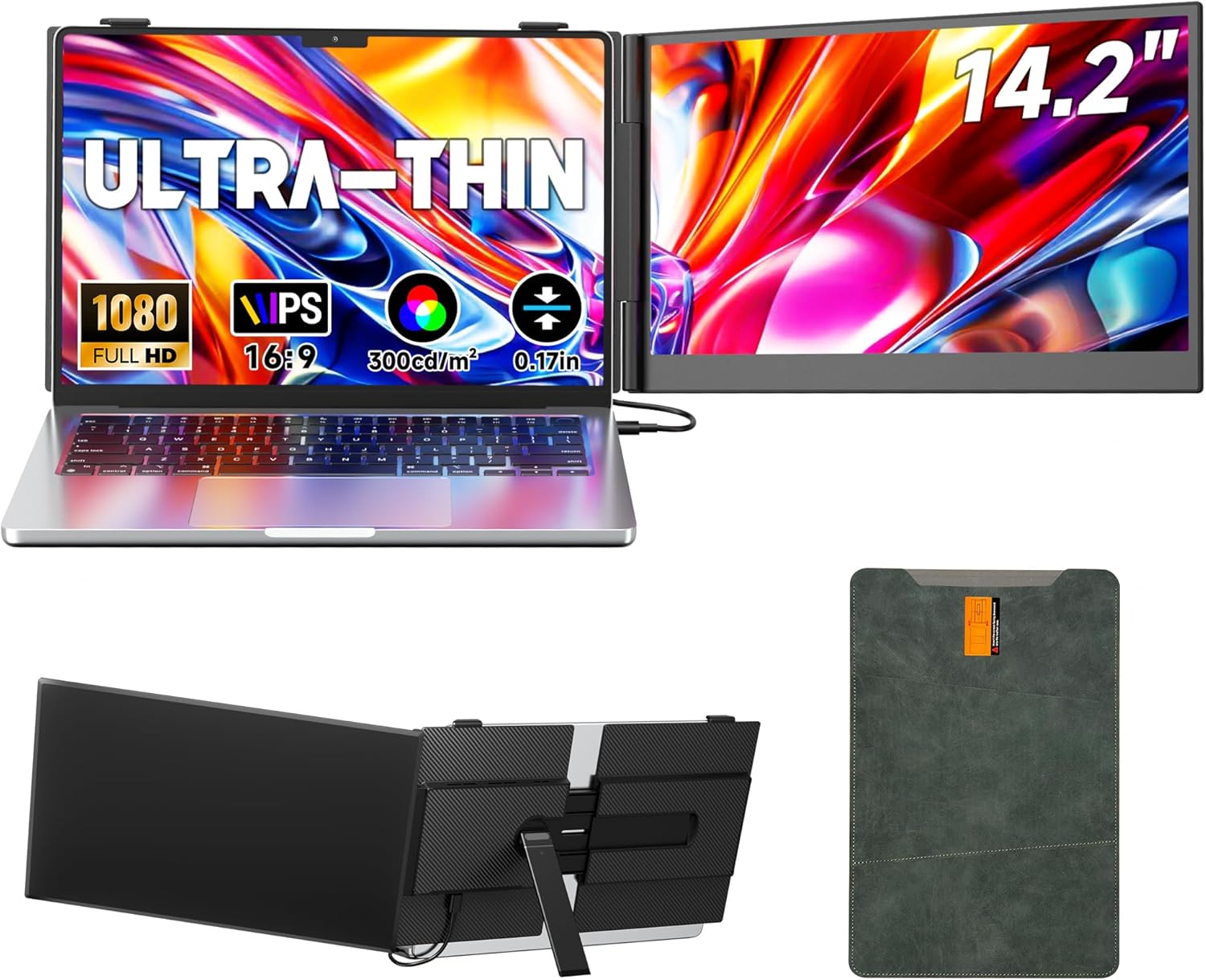 Laptop Screen Extender 0.17 Ultra-Thin, 14.2 FHD 1080P IPS Portable Monitor for Laptop, Dual Screen Travel Monitor Extender Suitable for 13-17.3 Plug  Play for Windows/Mac/Android/Switch/PS-5