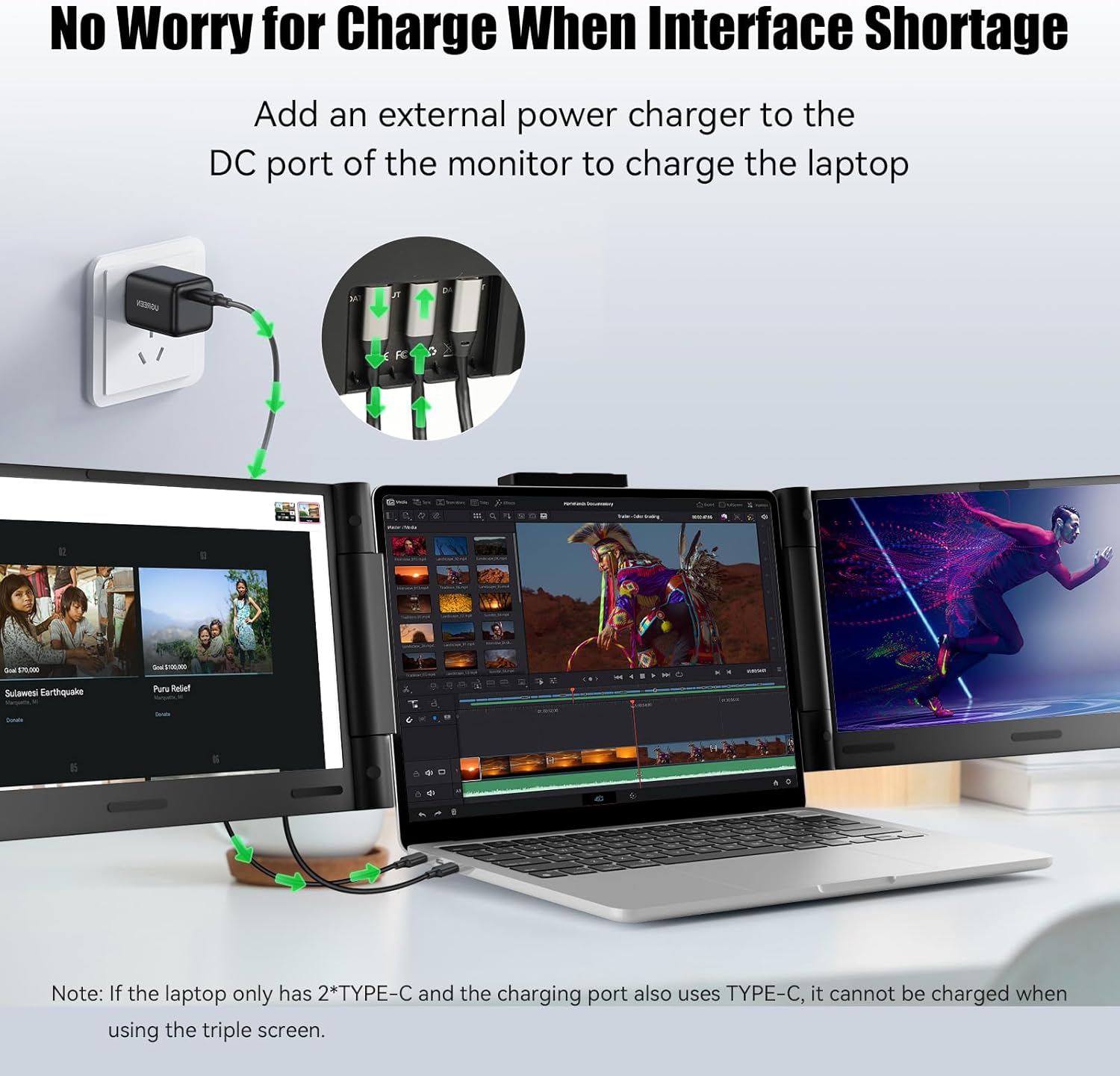Laptop Screen Extender, 14 FHD 1080P Portable Monitor for Laptop 13-17.3, Triple Laptop Monitor Extender with HDMI/Type-C, Plug-Play Portable Screen for Mac/Windows/Linux/Android/Chrome