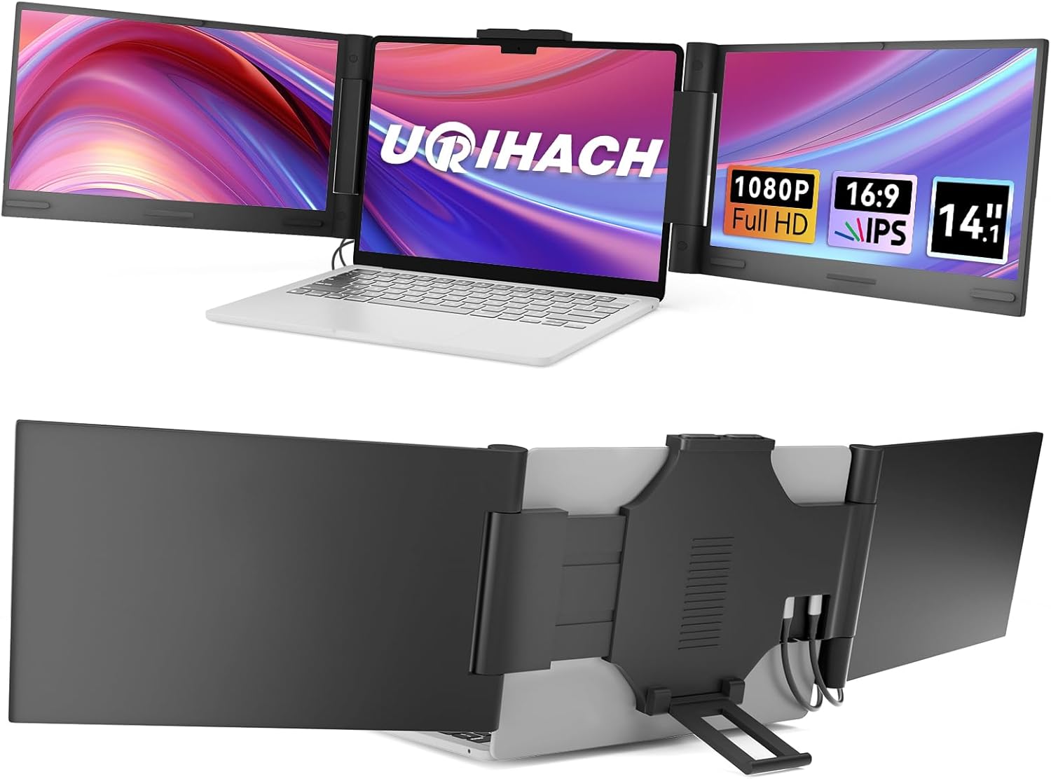Laptop Screen Extender, 14 FHD 1080P Portable Monitor for Laptop 13-17.3, Triple Laptop Monitor Extender with HDMI/Type-C, Plug-Play Portable Screen for Mac/Windows/Linux/Android/Chrome