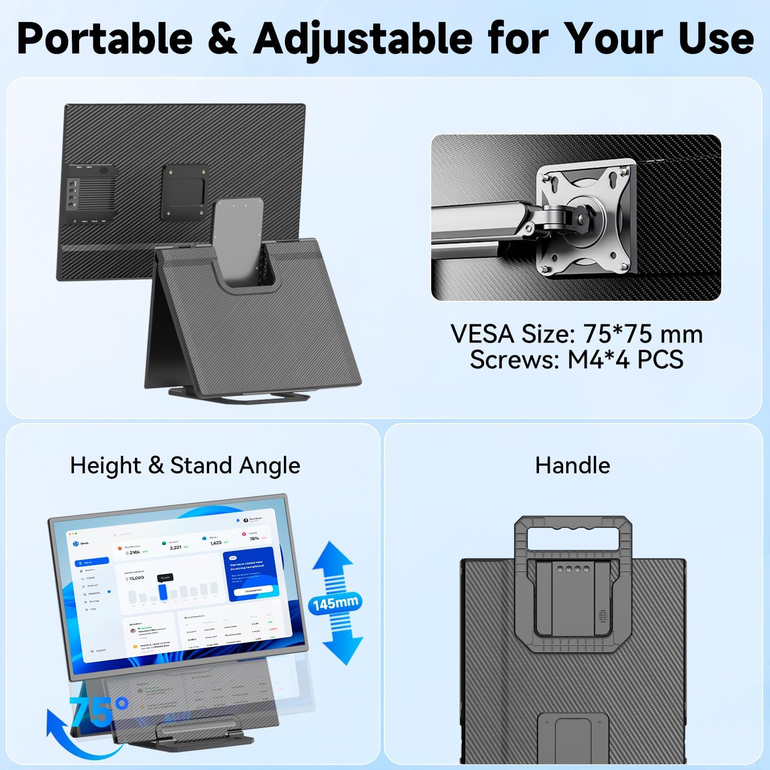 Laptop Screen Extender 23.8, 1080P FHD, IPS Portable Monitor with Rotable Detachable Stand  VESA, Height Adjustable Laptop Monitor Extender, Plug-Play for Windows/Mac/Android/Chrome/Linus/PS/Switch