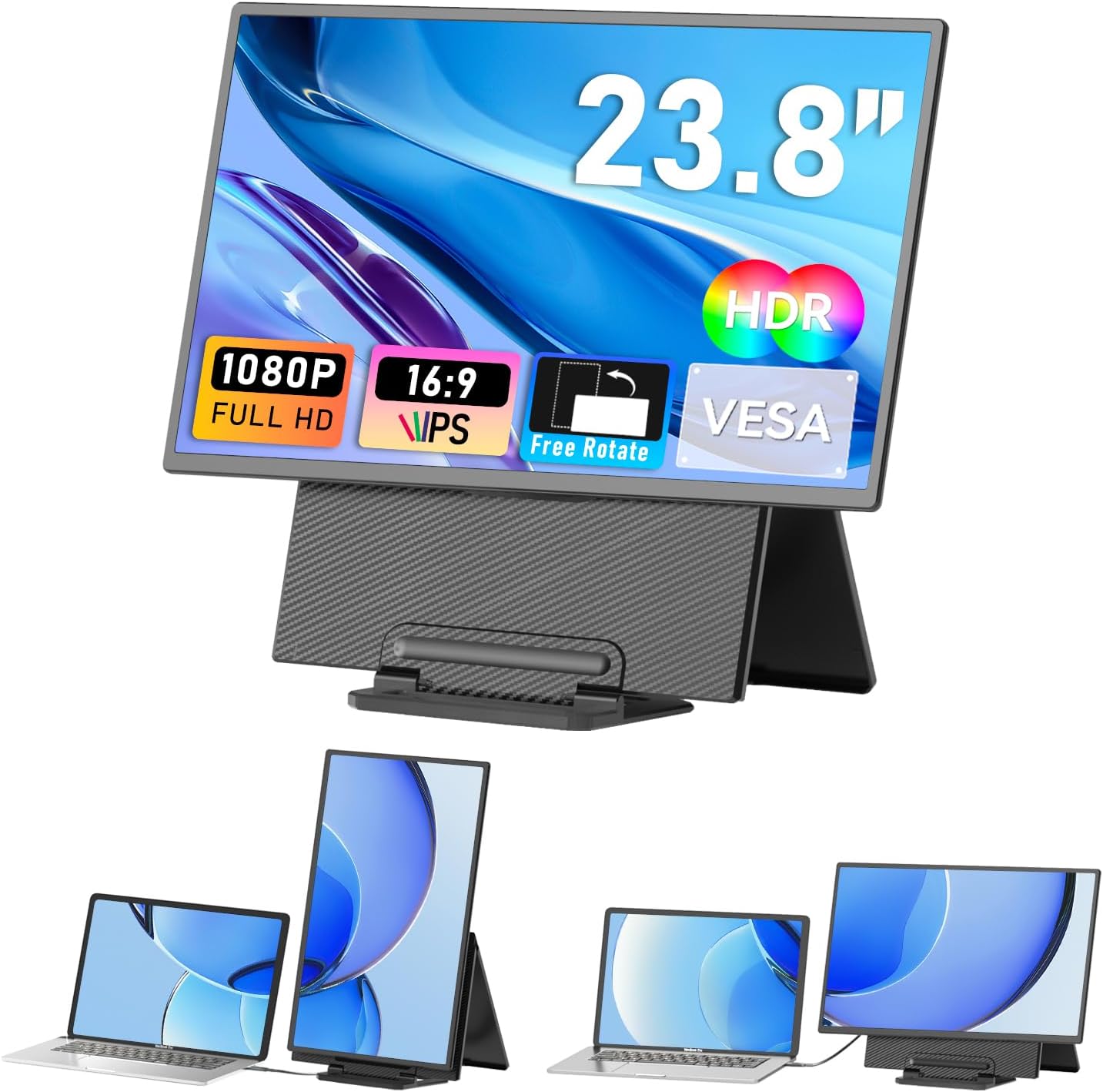 Laptop Screen Extender 23.8, 1080P FHD, IPS Portable Monitor with Rotable Detachable Stand  VESA, Height Adjustable Laptop Monitor Extender, Plug-Play for Windows/Mac/Android/Chrome/Linus/PS/Switch