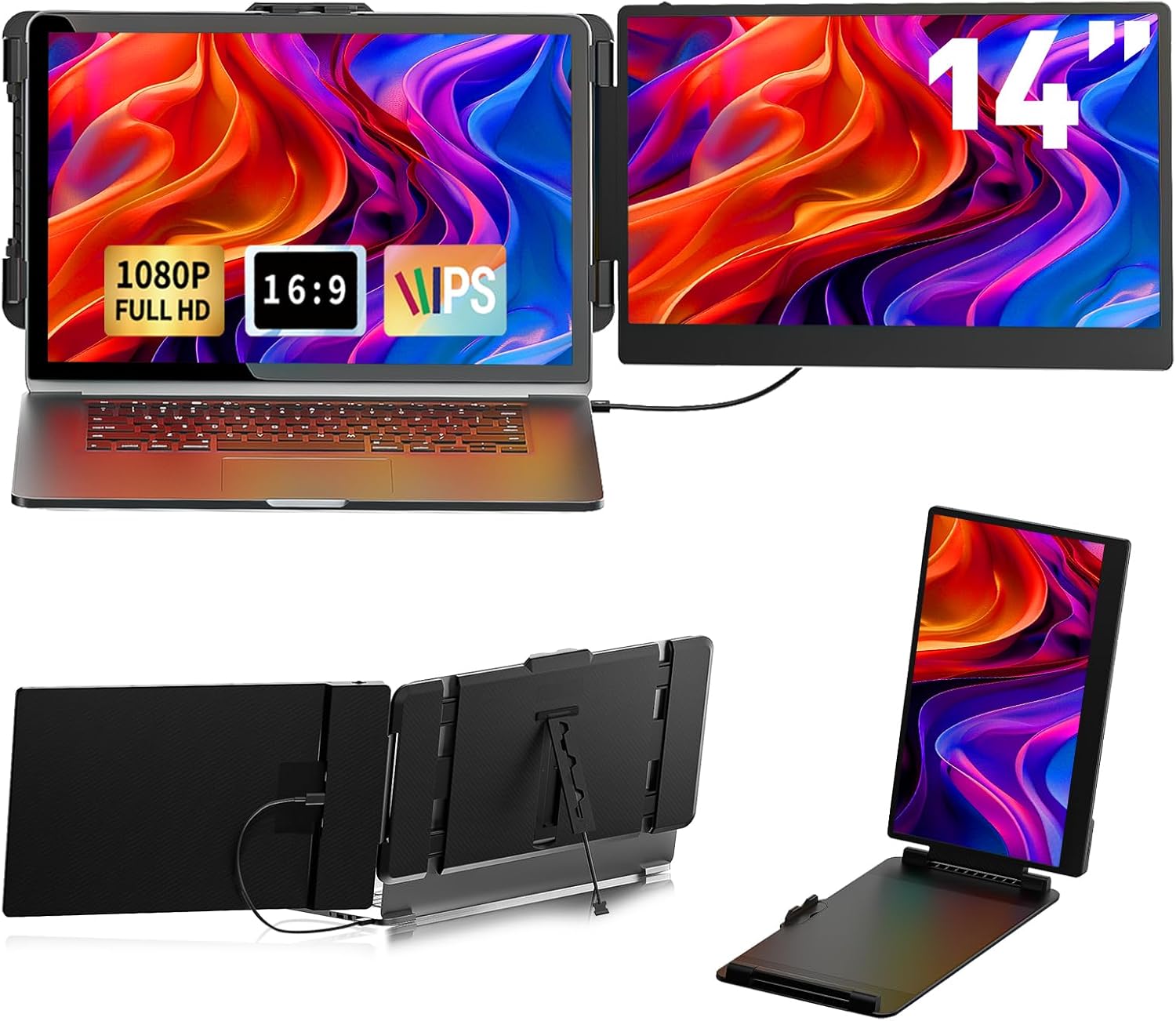 Laptop Screen Extender Monitor - 14 Inch Portable IPS FHD 1080P HDMI/USB-A/Type-C Portable Monitor for Laptops Compatible with Windows Mac Travel Gaming Work