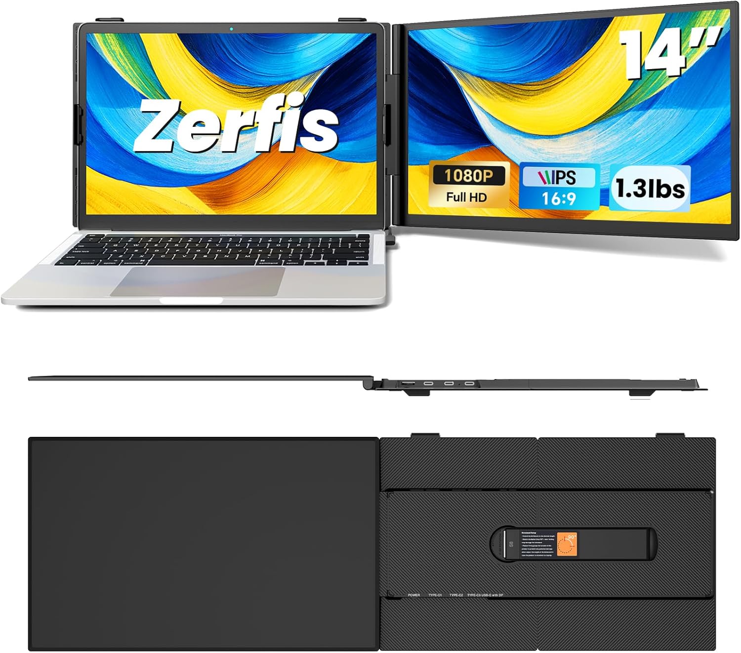 Laptop Screen Extender, Ultra-Thin 14 FHD 1080P Portable Monitor for Laptop, Lightweight Dual Monitor Extender Plug  Play for 13-17 Laptops, Compatible with Wins/Mac/Android/Chrome
