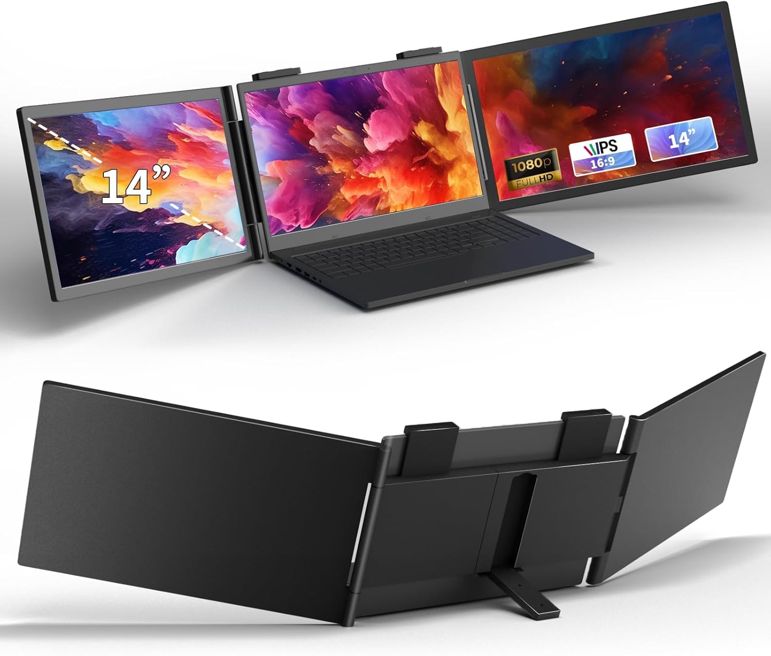 Laptop Triple Screen Extender 14 inch FHD 1080P IPS Best External Monitor for Laptop，3 Full-Featured USBC Ports Play for Windows, Mac, Android, Chrome, Switch, PS5, Work with 13.3”-17” Laptops