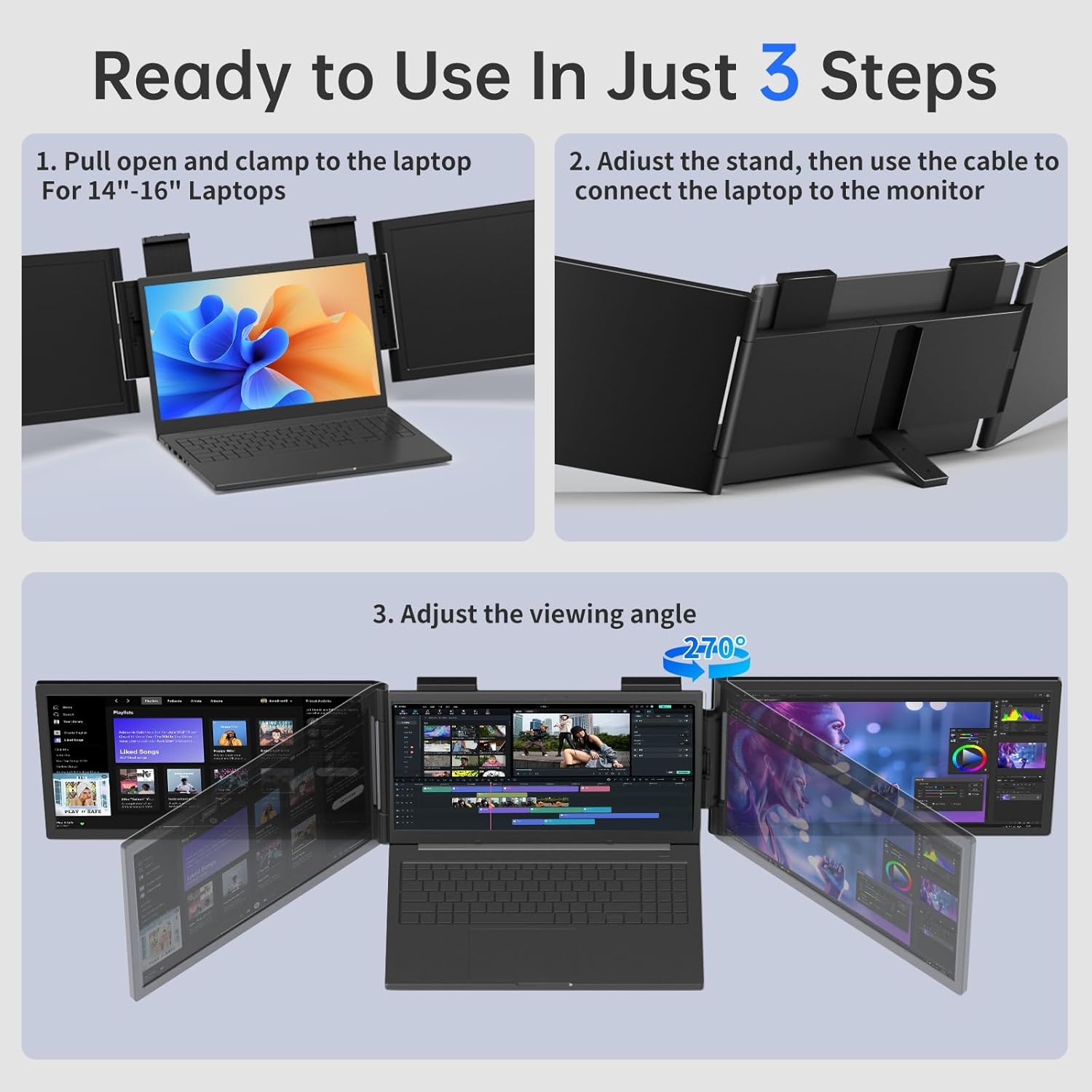 Laptop Triple Screen Extender 14 inch FHD 1080P IPS Best External Monitor for Laptop，3 Full-Featured USBC Ports Play for Windows, Mac, Android, Chrome, Switch, PS5, Work with 13.3”-17” Laptops