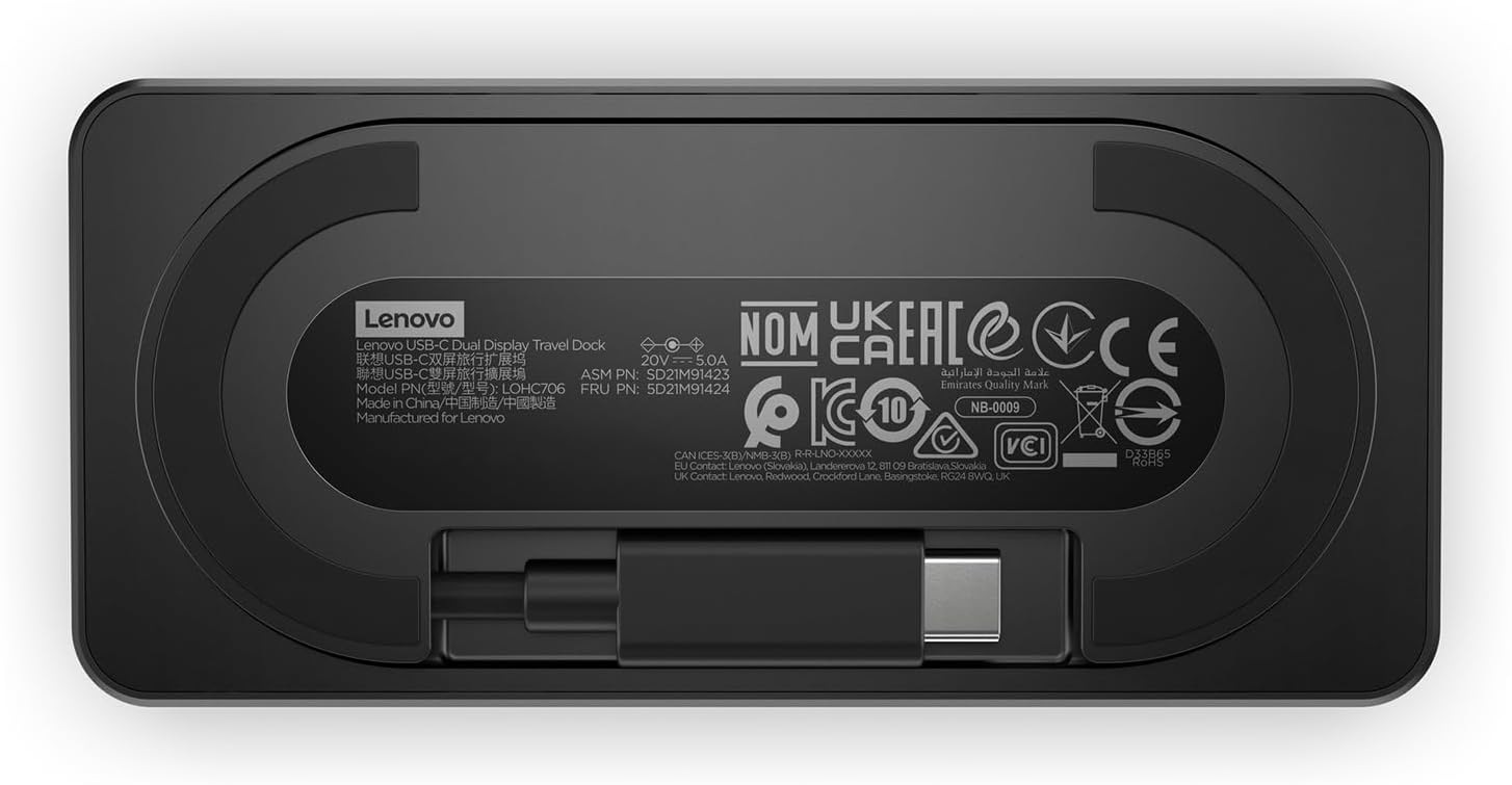 Lenovo USB-C Dual Display Travel Dock - 7 Ports, Integrated USB-C Cable, Universal Compatibility, Dual Displays at 4K - Black