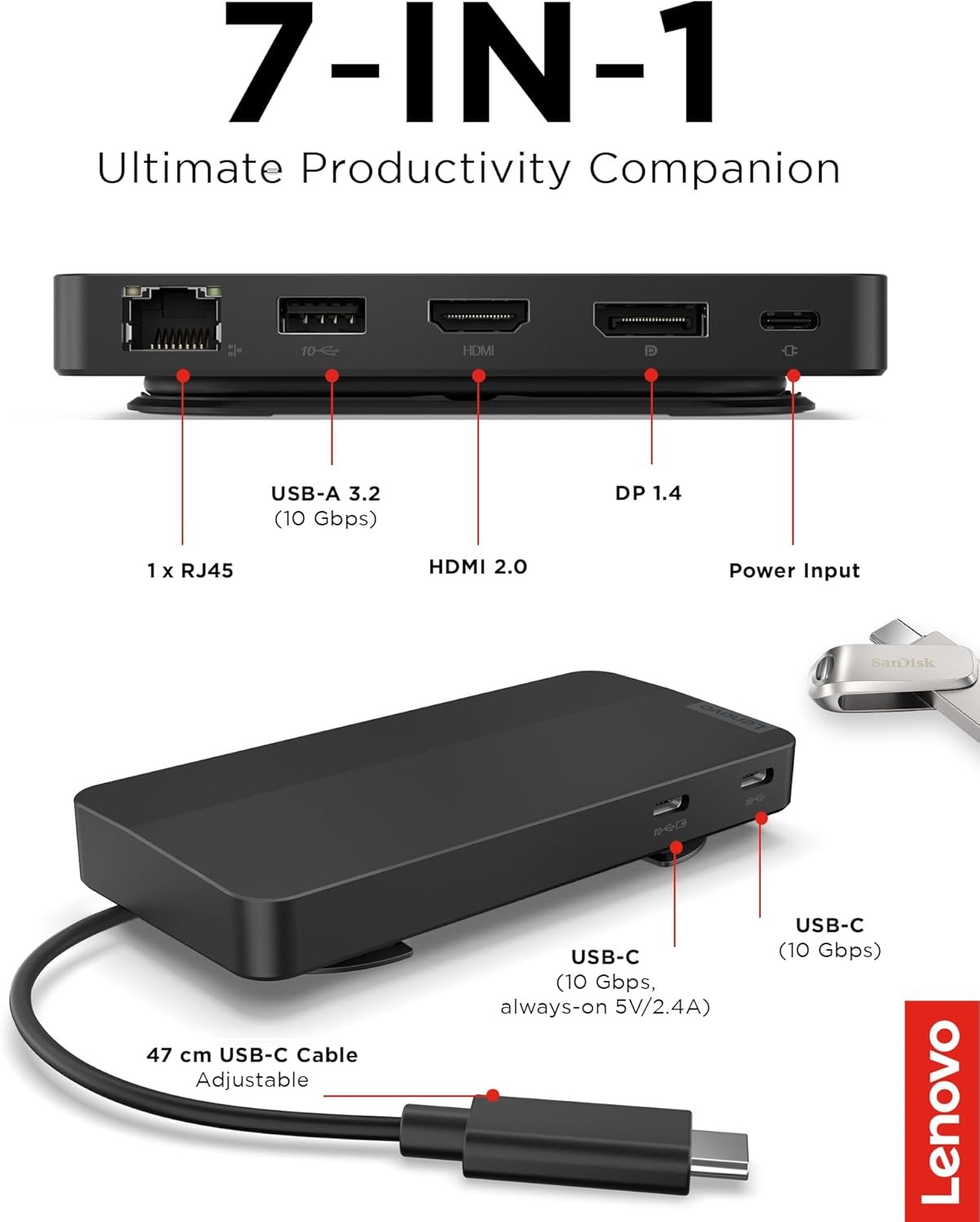 Lenovo USB-C Dual Display Travel Dock - 7 Ports, Integrated USB-C Cable, Universal Compatibility, Dual Displays at 4K - Black