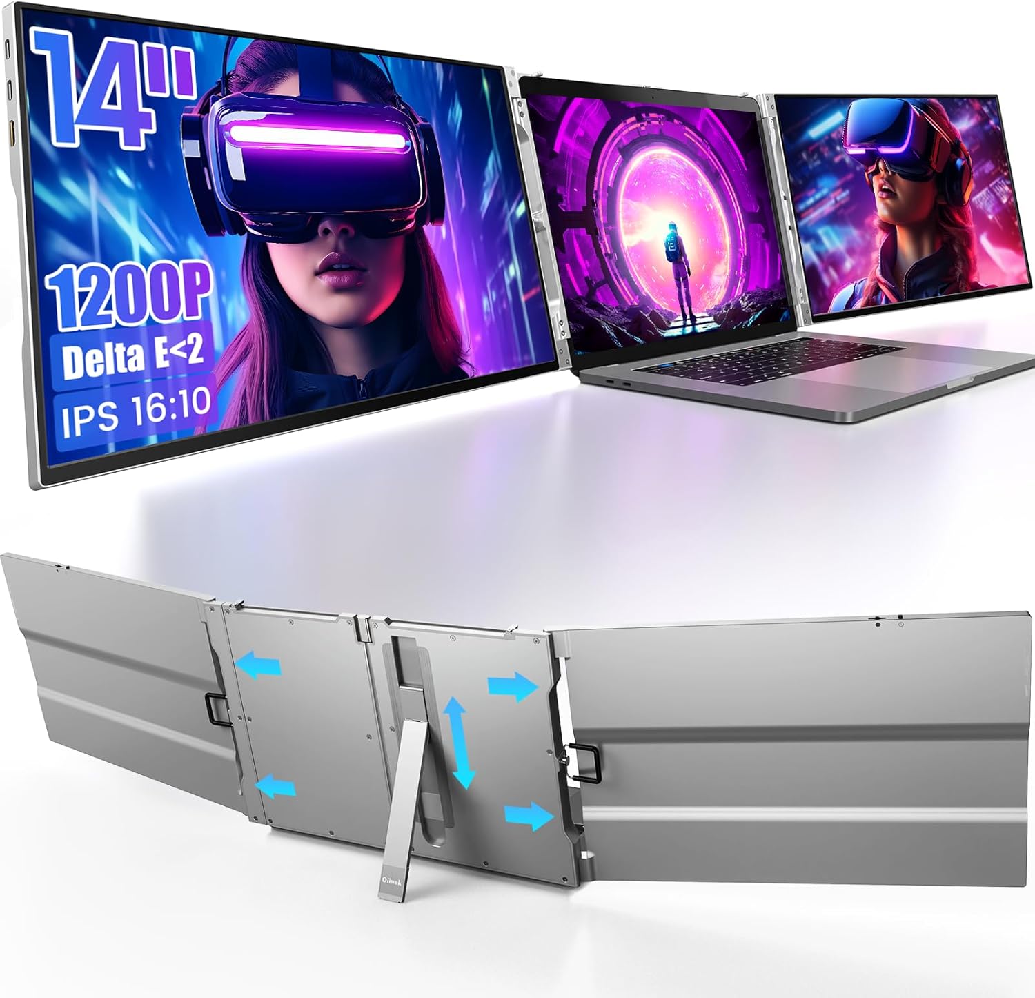 Oiiwak Al Alloy Body Laptop Screen Extender, 14 FHD 1200P Portable Triple Monitor, Laptop Monitor Extender for Laptops 13-16, Type-C/HDMI/USB-C Port Plug and Play for Windows, Mac, Android, Switch