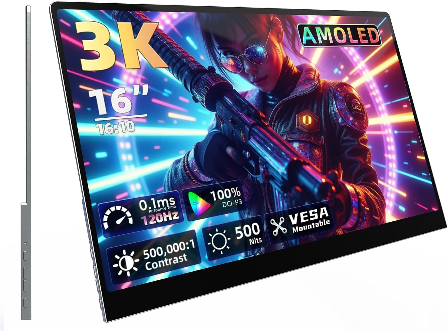 OLED Portable Monitor with Speakers, 16 3K 2880x1800 120Hz 0.1ms Response, 500000:1 Contrast 500 Nits HDR, VESA Kickstand, USB-C/HDMI Display for Laptop Mac mini PC MacBook Xbox PS5 Phone Switch