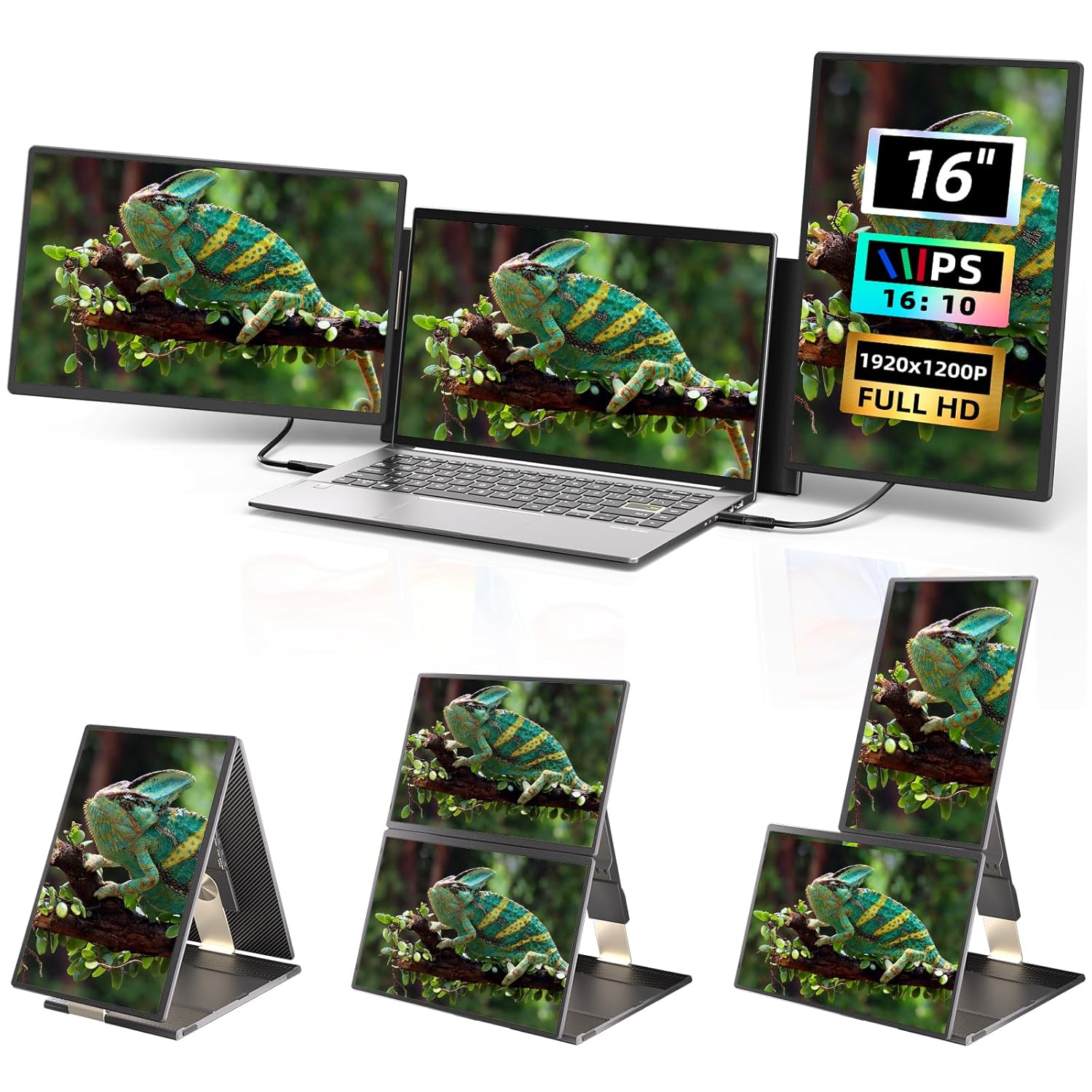 ROYY Laptop Screen Extender Monitor - 16 Triple Portable Monitor FHD 1920x1200P IPS 235° Rotation Detachable Screen Design Extra Compatible with Mac Wins Dex Chrome Fits 13-17 Laptops