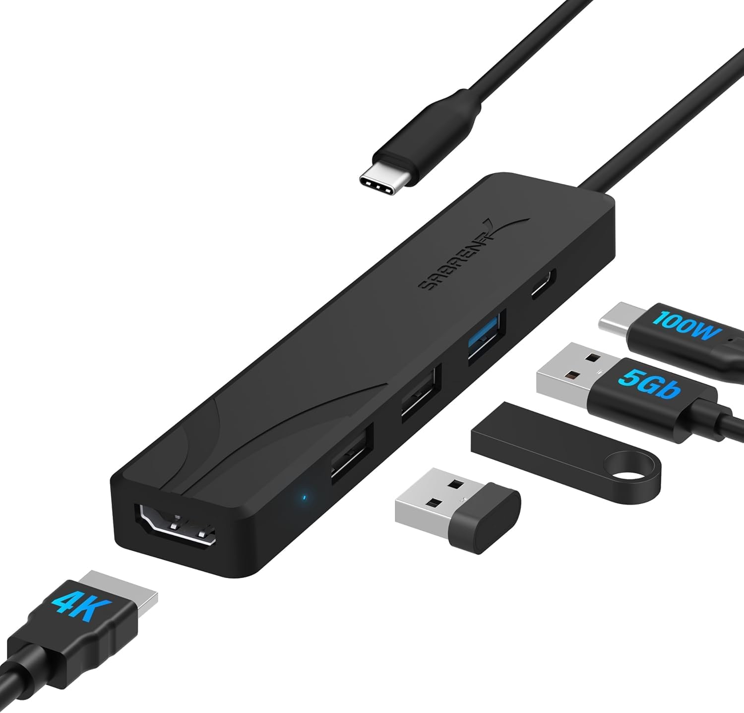 SABRENT USB-C Hub 5-in-1 Docking Station, 4K@60Hz HDMI (Requires DP Alt Mode), 100W PD Pass-Through, 3-Port USB 5Gbps Adapter for Laptops, MacBook Pro/Air, and Type-C Devices (HB-TC5P)