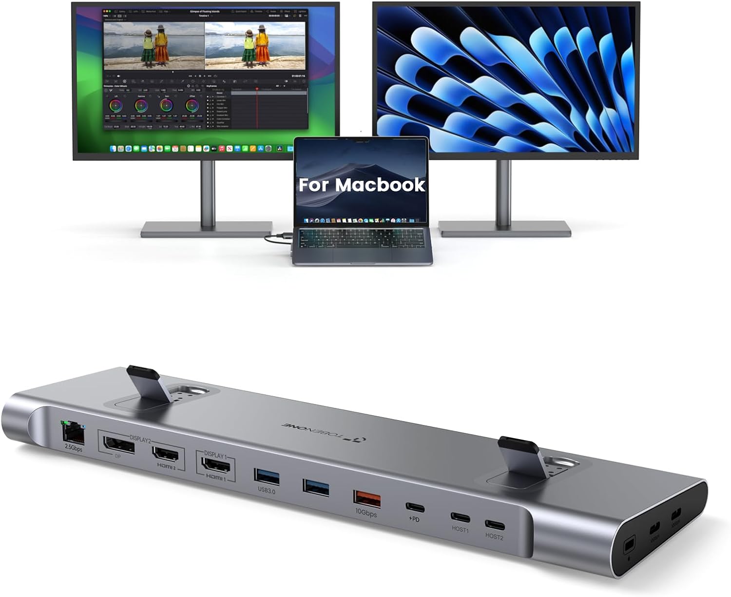 TobenONE MacBook Docking Station Dual 4K@60Hz Monitor, 16-in-2 USB C Docking Station Stand with 2.5Gbps Ethernet,100W GaN Power Supply, 2 HDMIDP, 5 USB Ports