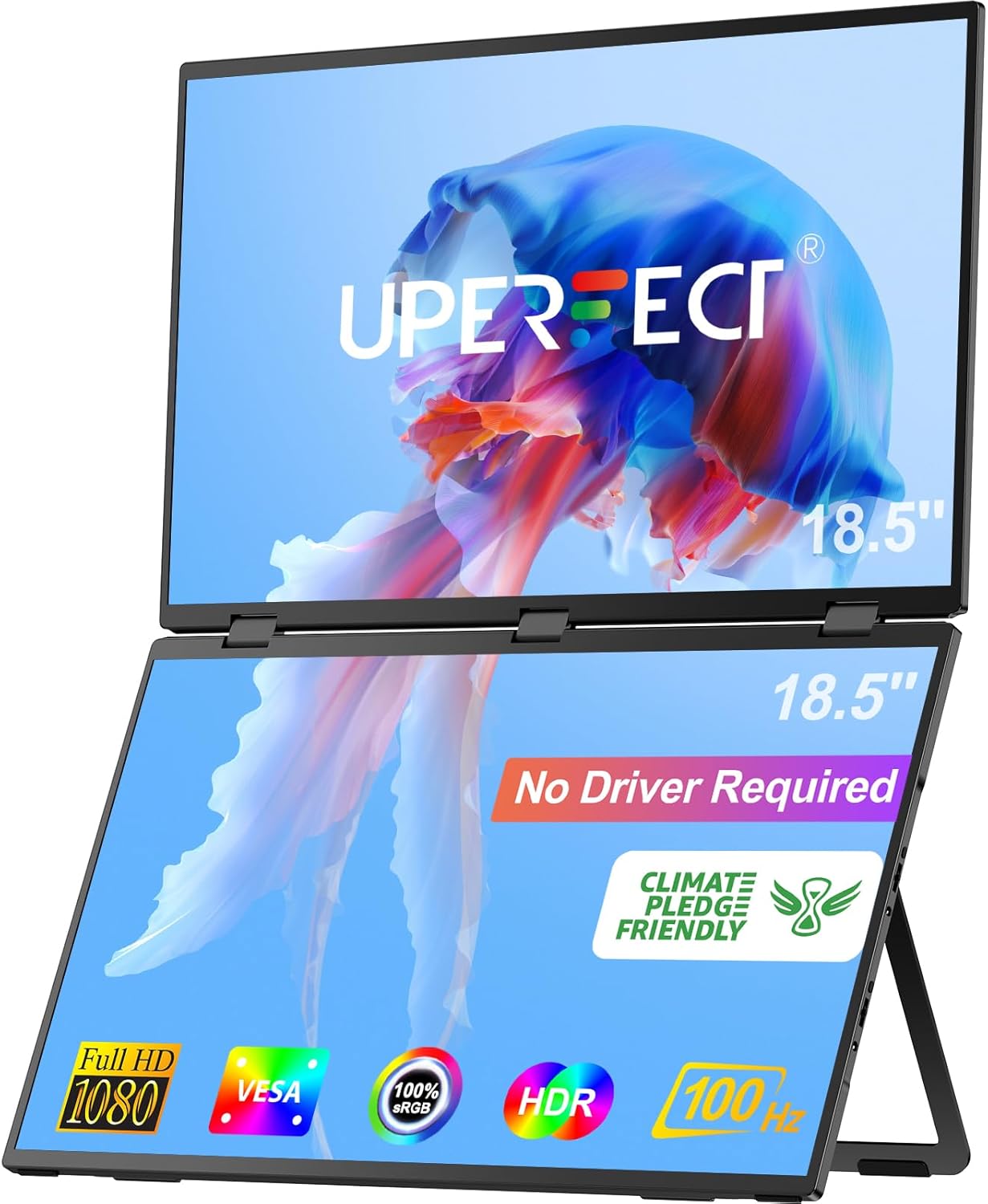 UPERFECT Delta Max 18.5 100Hz Dual Portable Monitor for Laptop Screen Extender 1080P HDR 360° Folding Stacked Triple Monitor with Stand  VESA for Laptop PC Phone Game Console (No Driver Needed)