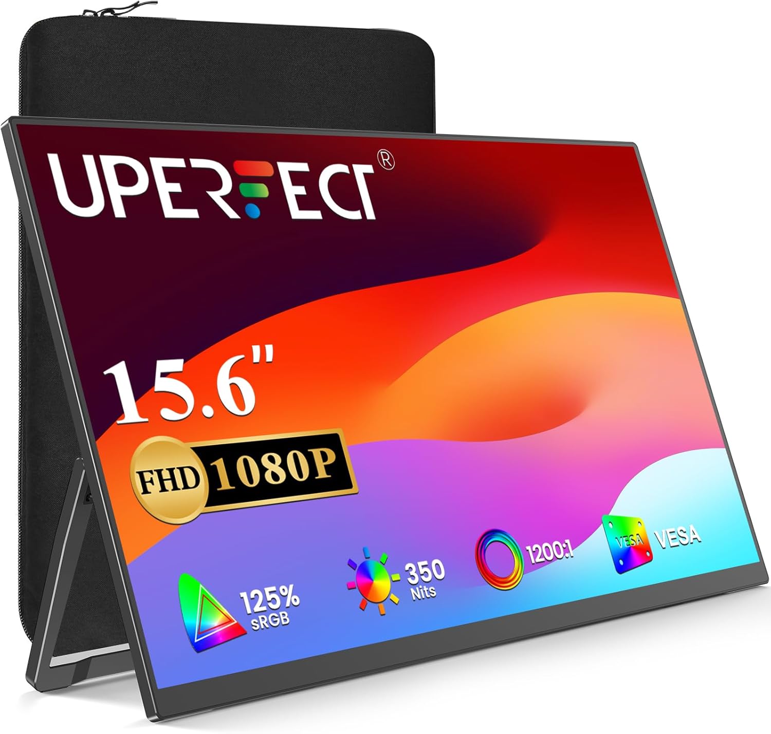 UPERFECT Portable Monitor 15.6, 125% sRGB 1080P FHD Portable Screen Plug  Play, VESA  180° Adjustable Stand 350Nits, USB-C HDMI Ultra-Slim Travel Monitor for Laptop, Phone, PC, Game Console