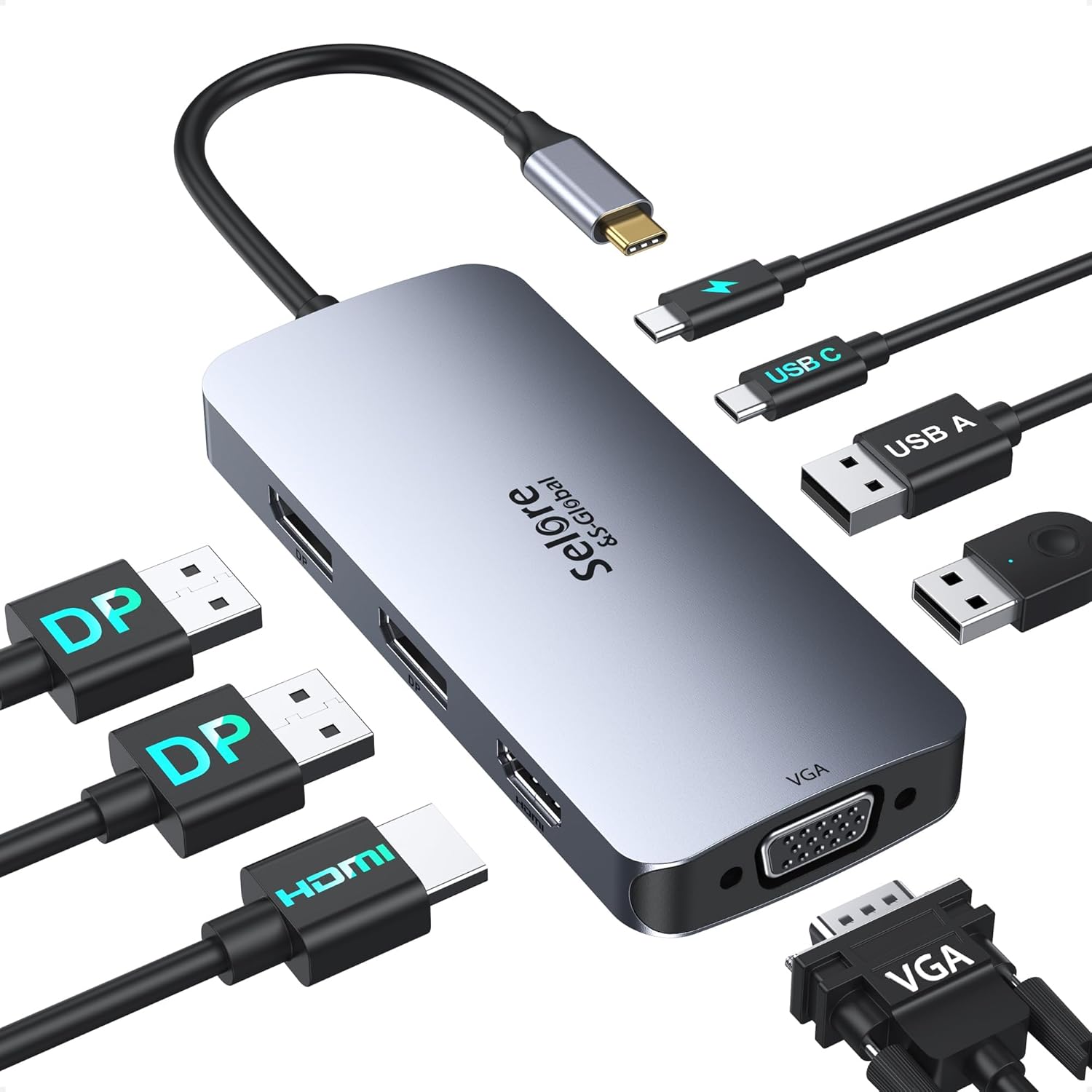 USB C Docking Station Dual Displayport Monitor, USB C Hub Displayport with 2 DP, HDMI, VGA, PD Charging, USB AC 2.0 Ports Multi Monitors Adapter for Dell/HP/Lenovo, etc