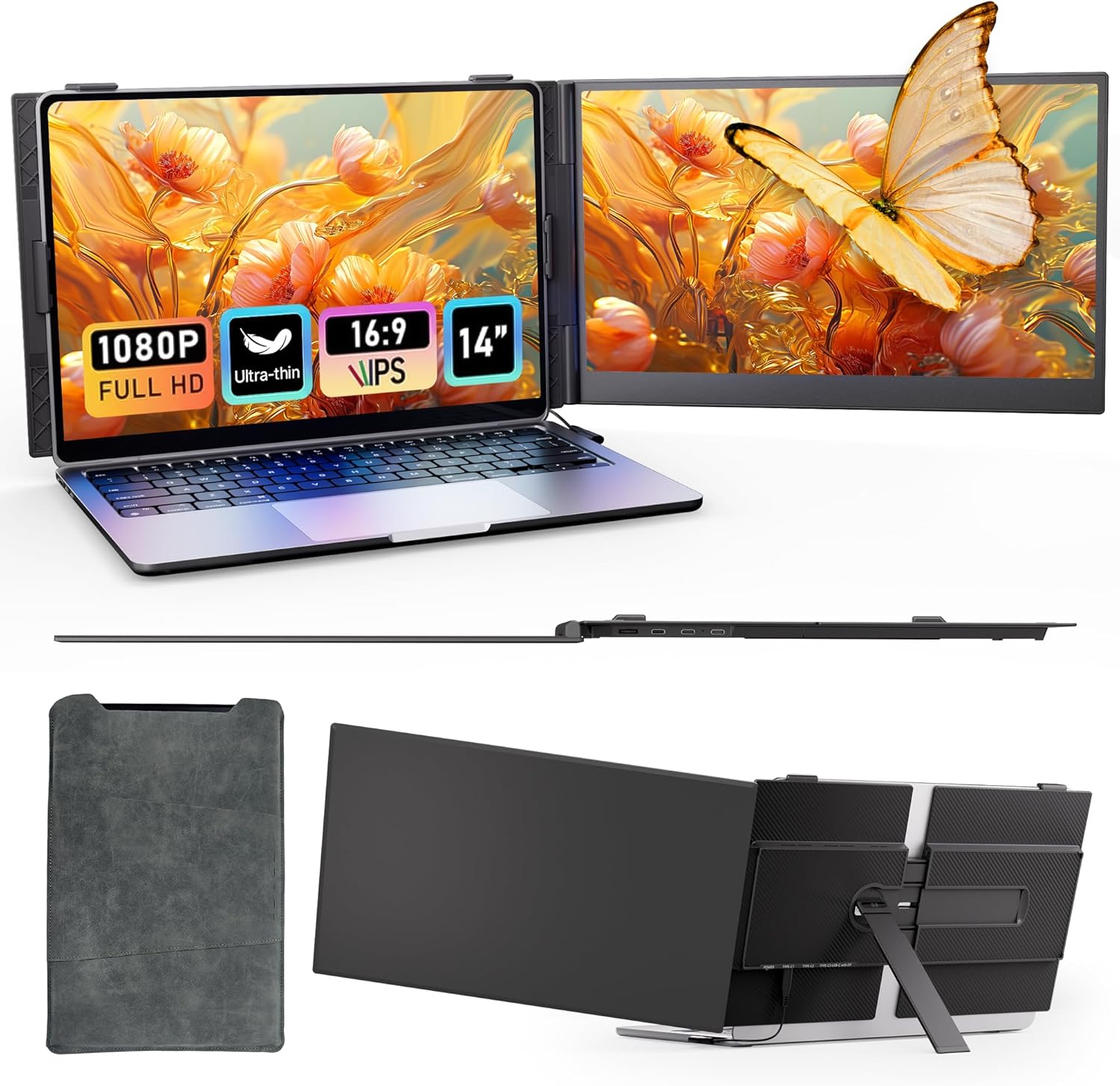 14 Laptop Screen Extender - Ultra Light 1.31lbs Portable Monitor for Laptop FHD 1080P Plug  Play Travel Dual Monitor for Windows/Mac Laptops