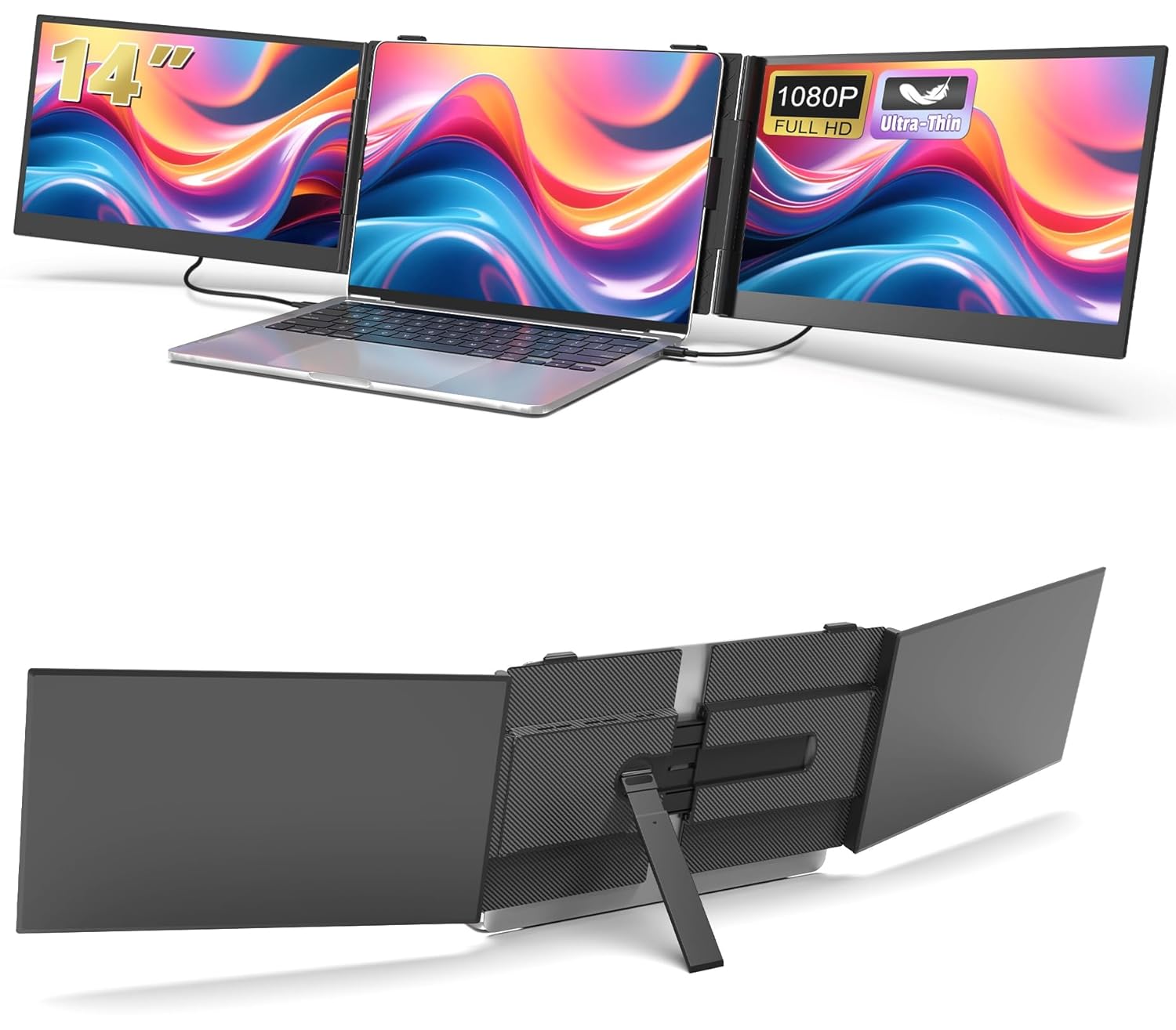 14 Triple Laptop Screen Extender, 1080P FHD IPS Ultra-Slim Portable Dual Monitor for Laptop, USB C HDMI Plug-Play Monitor Extender for Triple Display for MacOS/Windows, Fits 13-17.3 Laptops