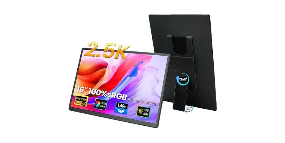 16 inch 2.5K Portable Monitor - QHD Laptop Screen Extender 100 sRGB Wide Color HDMI-USB C-USB A Travel External Display Stand Gaming Monitor