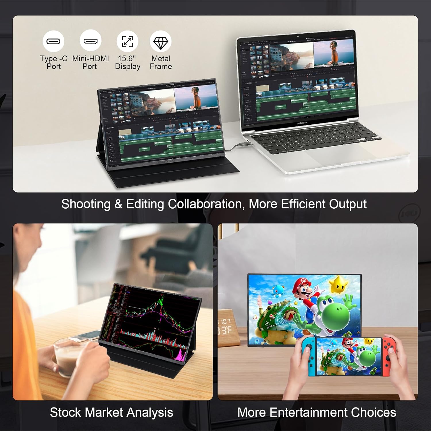16 Inch Portable Metal Monitor: 1200P IPS/HDR Laptop Screen Extender for Gaming and Computer Display,Compatible with with Laptop PC Phone PS4/PS5 Switch