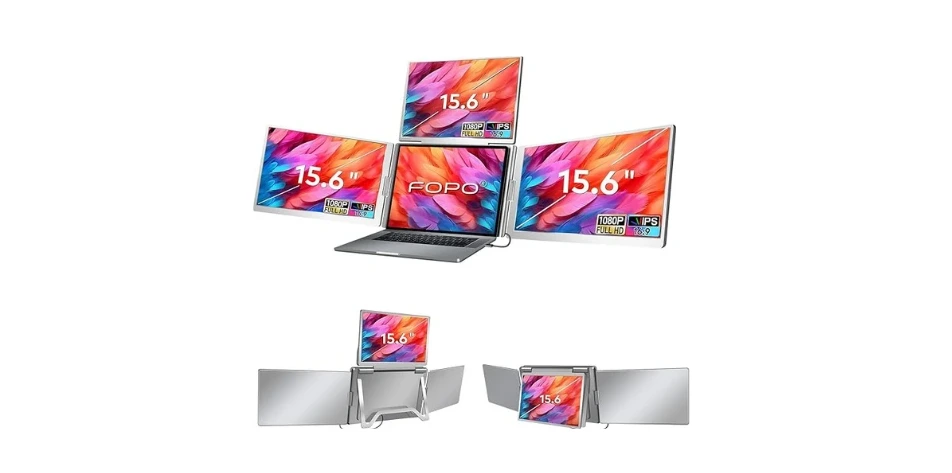 FOPO 15.6 inch Laptop Screen Extender Monitor Portable, Quad Monitor, Just 1 Cable for 3 Screens